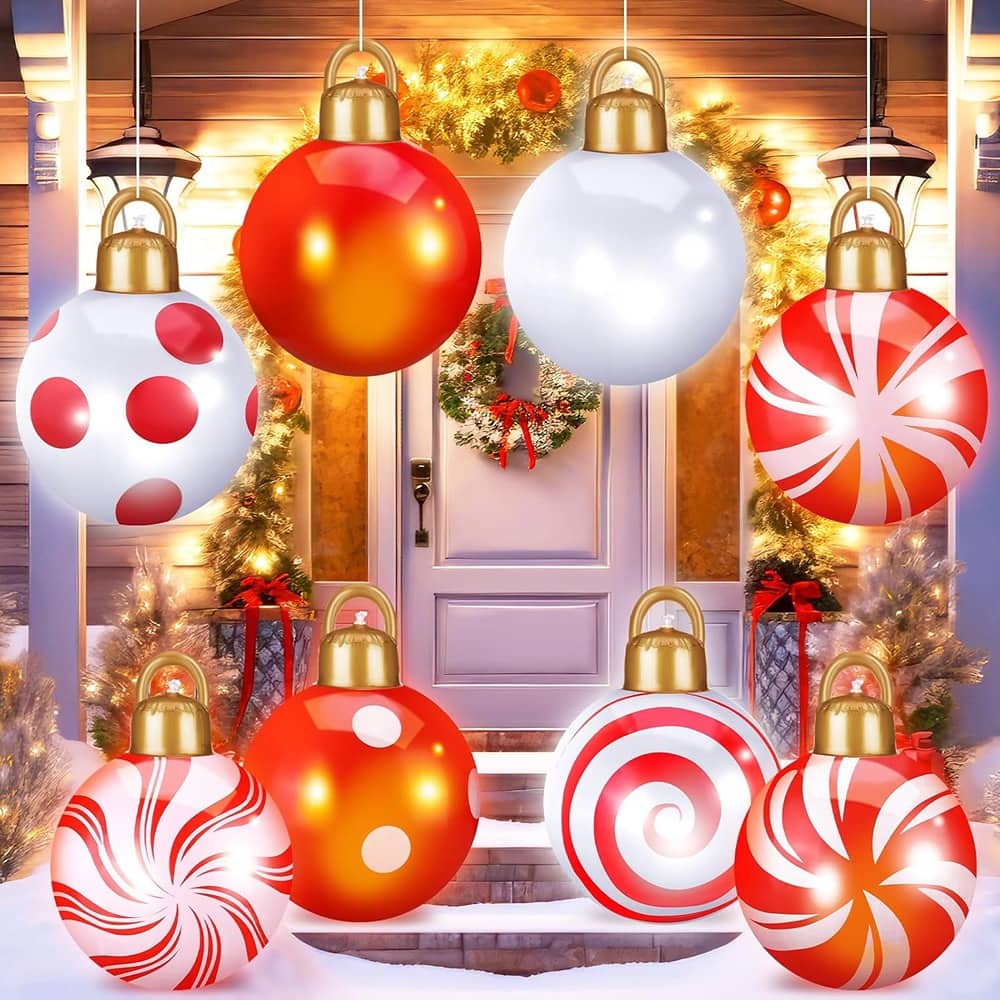 RTMB - 8-Pack 12" Light-Up Inflatable Christmas Balls, PVC Holiday Yard Décor - Red, White