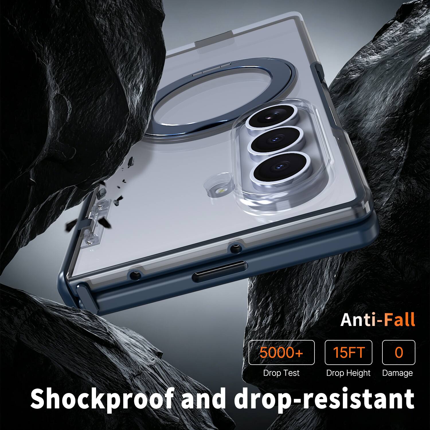 Anti-Fall  
5000+  
15FT  
0  
Drop Test  
Drop Height  
Damage  
Shockproof and drop-resistant
