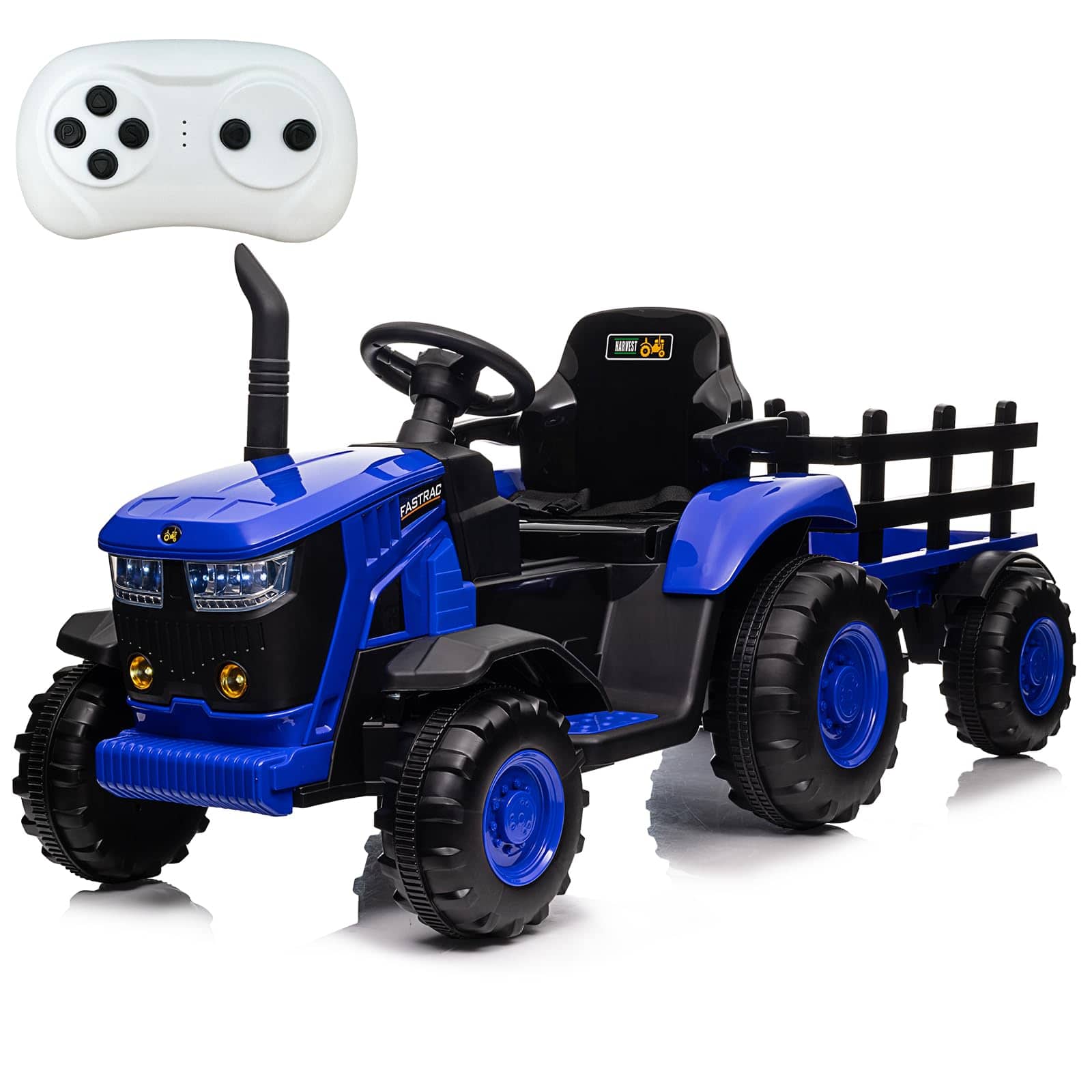 Front. GARVEE - 12V Battery Powered Kids Ride-On Tractor with Remote Control, Detachable Trailer– Tractor Toy for Boys & Girls - Blue.