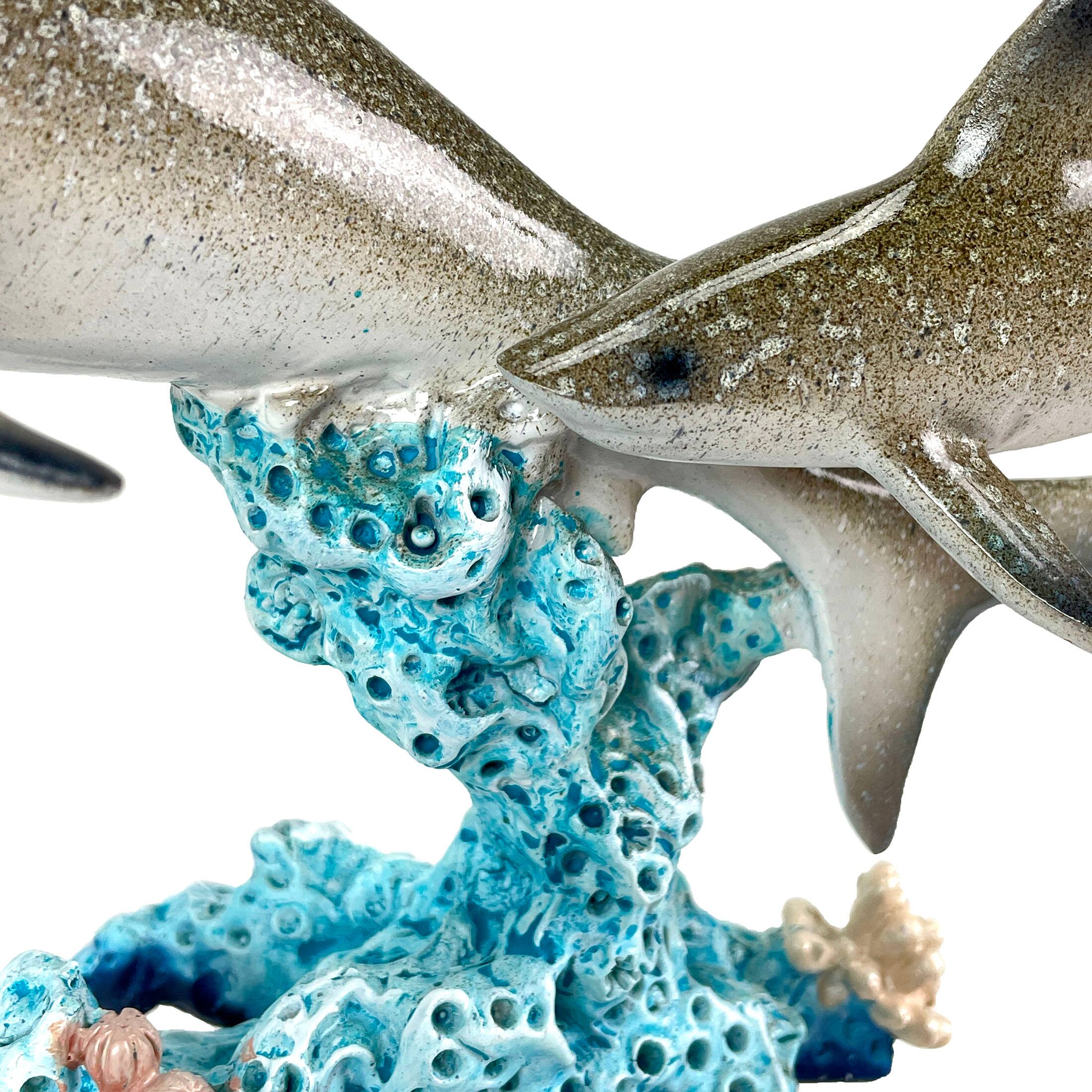 Alt View 2. Things2Die4 - Double Sharks on Coral Statue 10" Hand-Painted Ocean Marine Decor - Multicolored.