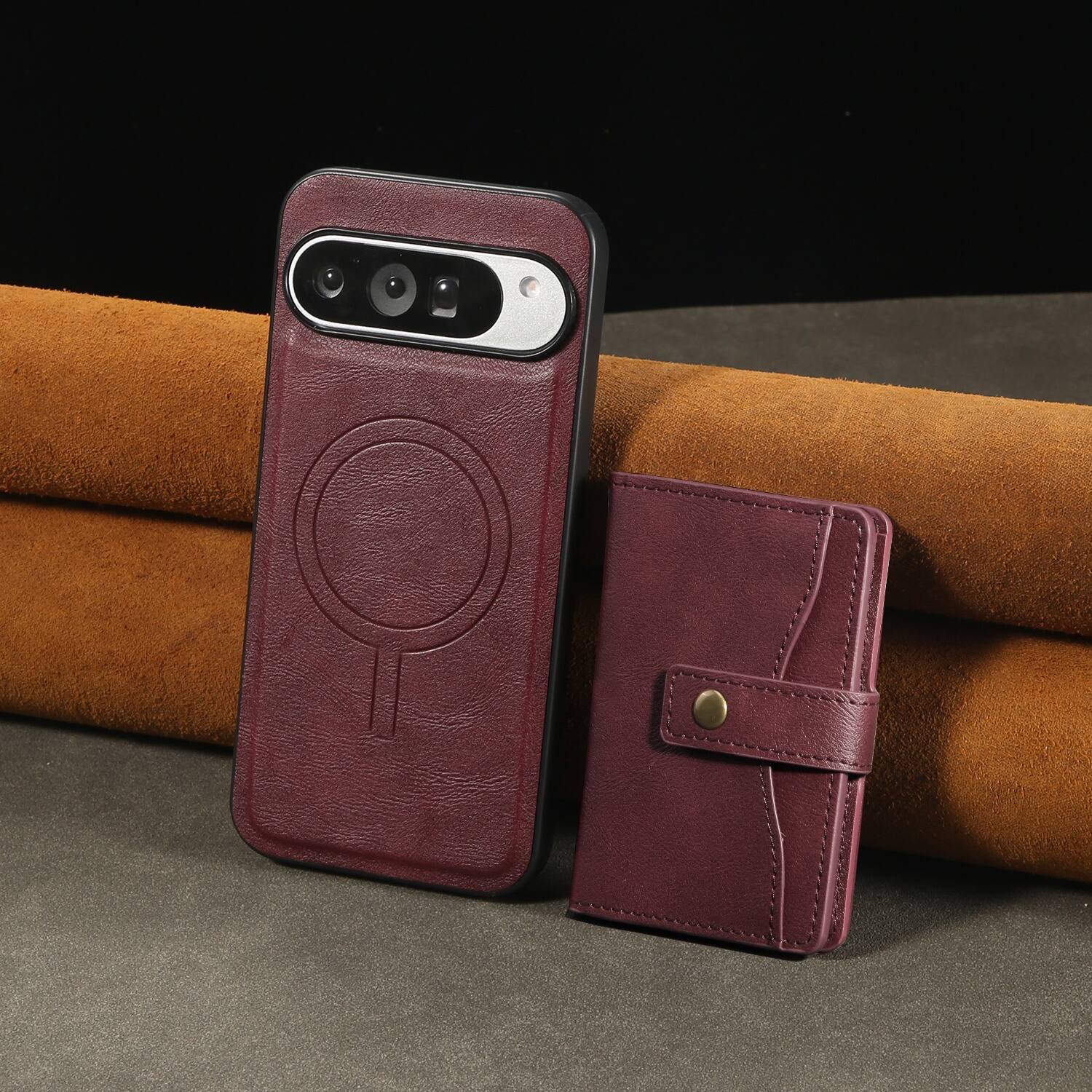 Alt View 3. Dteck - Shockproof Leather Phone Case for Google Pixel 11 Pro XL with Magnetic Wallet, 2-in-1 Detachable Card Holder Stand Cover - Winered.