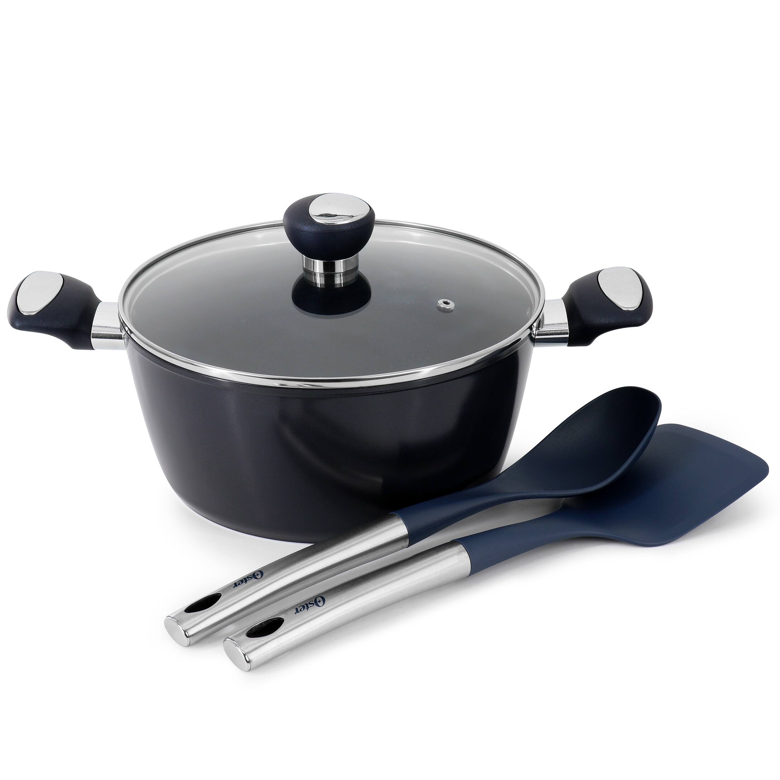 The image features a black pot with a black handle, placed on a white background. The pot is accompanied by a blue spoon and a blue ladle, which are also resting on the white surface. The combination of the black pot, blue utensils, and white background creates a visually appealing and contrasting scene.