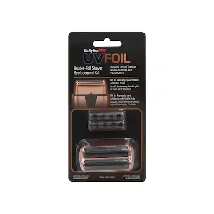 BaByliss Pro UVFOIL Double-Foil Shaver Replacement Kit
Includes 1 Black Titanium Double-Foil Head and 2 Foil Cutters
Kit de Rechange pour Rasoir à Double Grille
Inclut 1 lame de rasage à double grille en titane noir et 2 couteaux
Kit de Repuesto para Afeitadora de Doble Hoja
Incluye 1 cuchilla de afeitado de doble hoja de titanio negro y 2 cuchillas
COMPATIBLE WITH ALL MODELS
COMPATIBLE AVEC TOUS LES MODÈLES
COMPATIBLE CON TODOS LOS MODELOS
FITS ALL PFLFS2 MODELS
COMPATIBLE CON TODOS LOS MODELOS PFLFS2