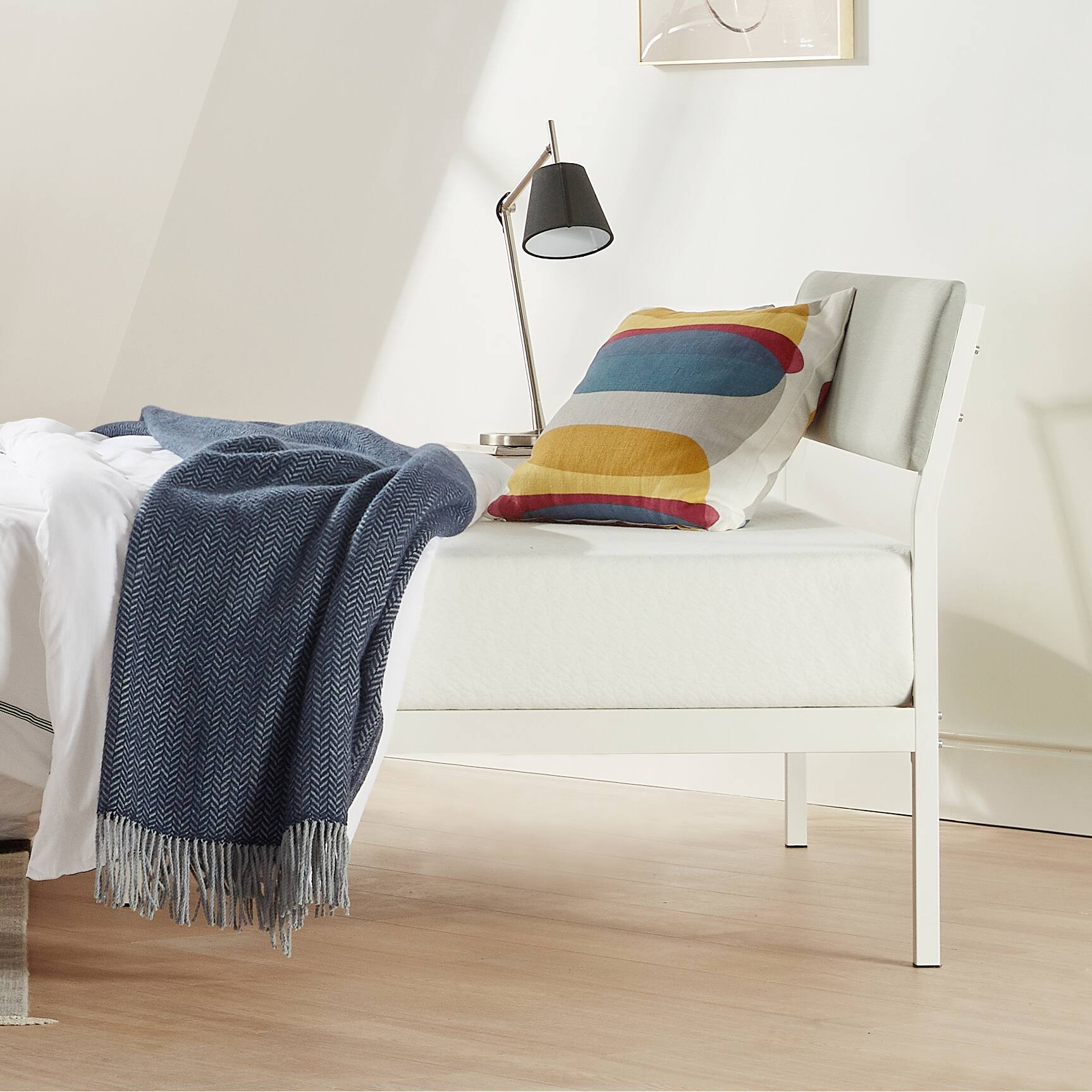 Alt View 5. Mellow - Mellow KERA Metal and Wood Platform Bed Frame with Angled Headboard, Full, White - White.