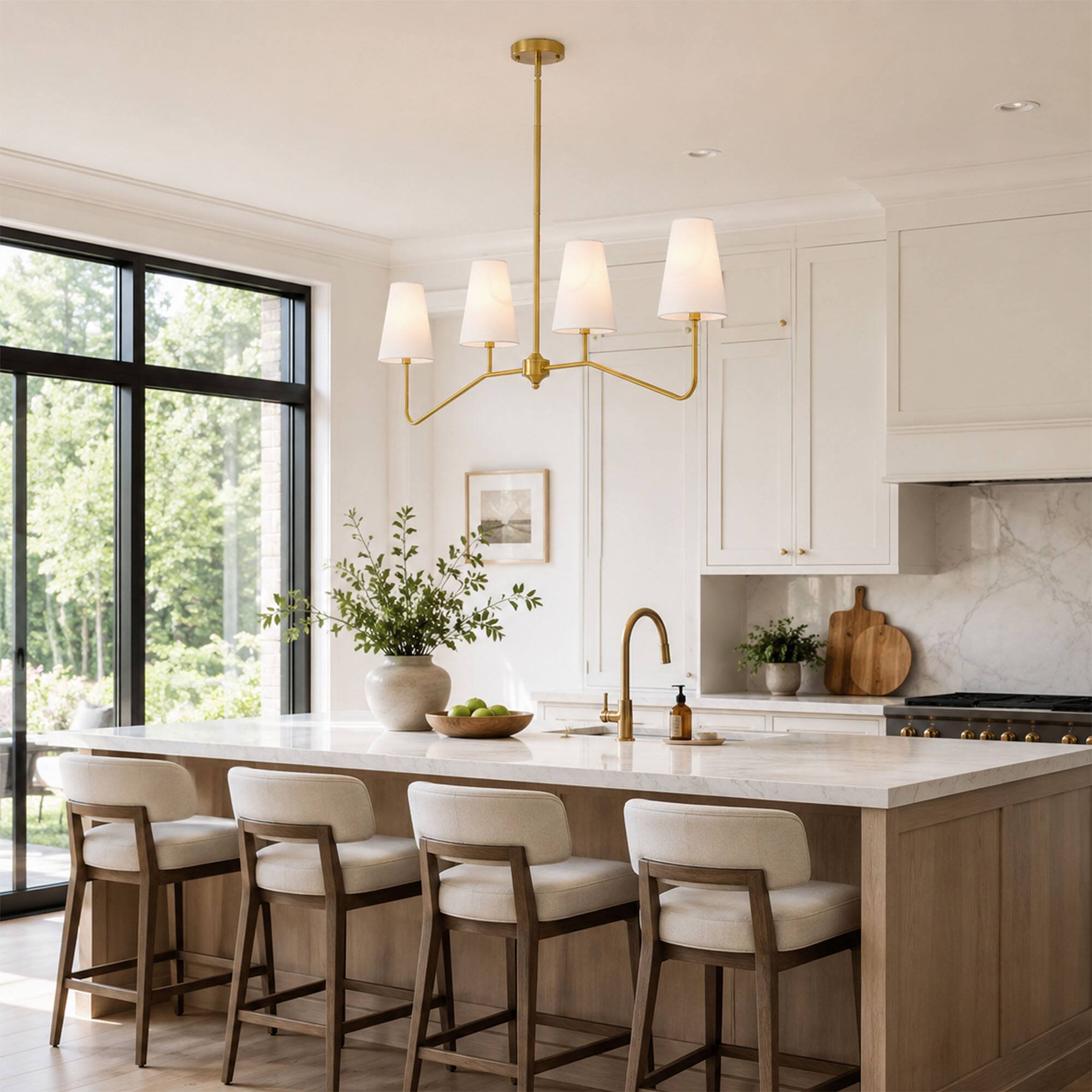 Front. RYHNUYNE - 4-Light Kitchen Island Lighting, Gold Pendant Light with Glass Shades, Adjustable Height for Kitchen Island Dining - Gold.