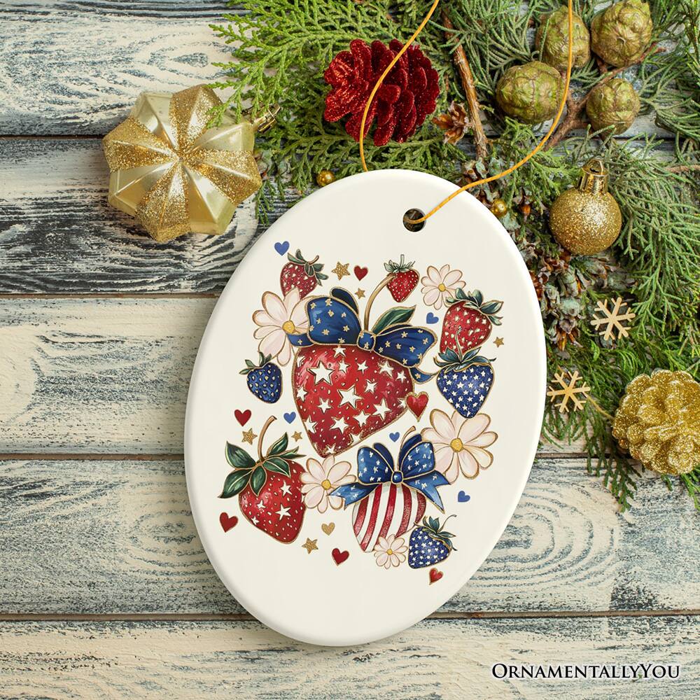Back. OrnamentallyYou - Patriotic Boho Strawberries Bouquet Ornament, 4th of July Festive Patch Christmas Tree Decor - Multi-colored.