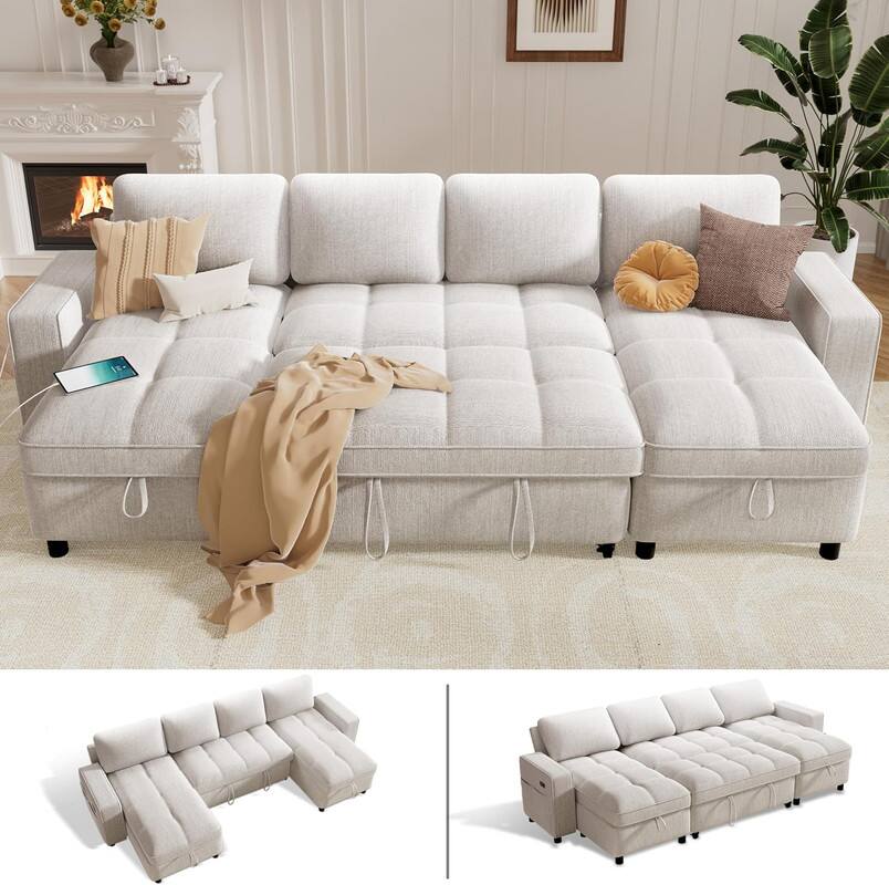 Dyonery - 108" 4 Seat Modular Sectional Sofa with USB Ports/Adjustable Backrest/2 Storage Seats,Beige - Beige