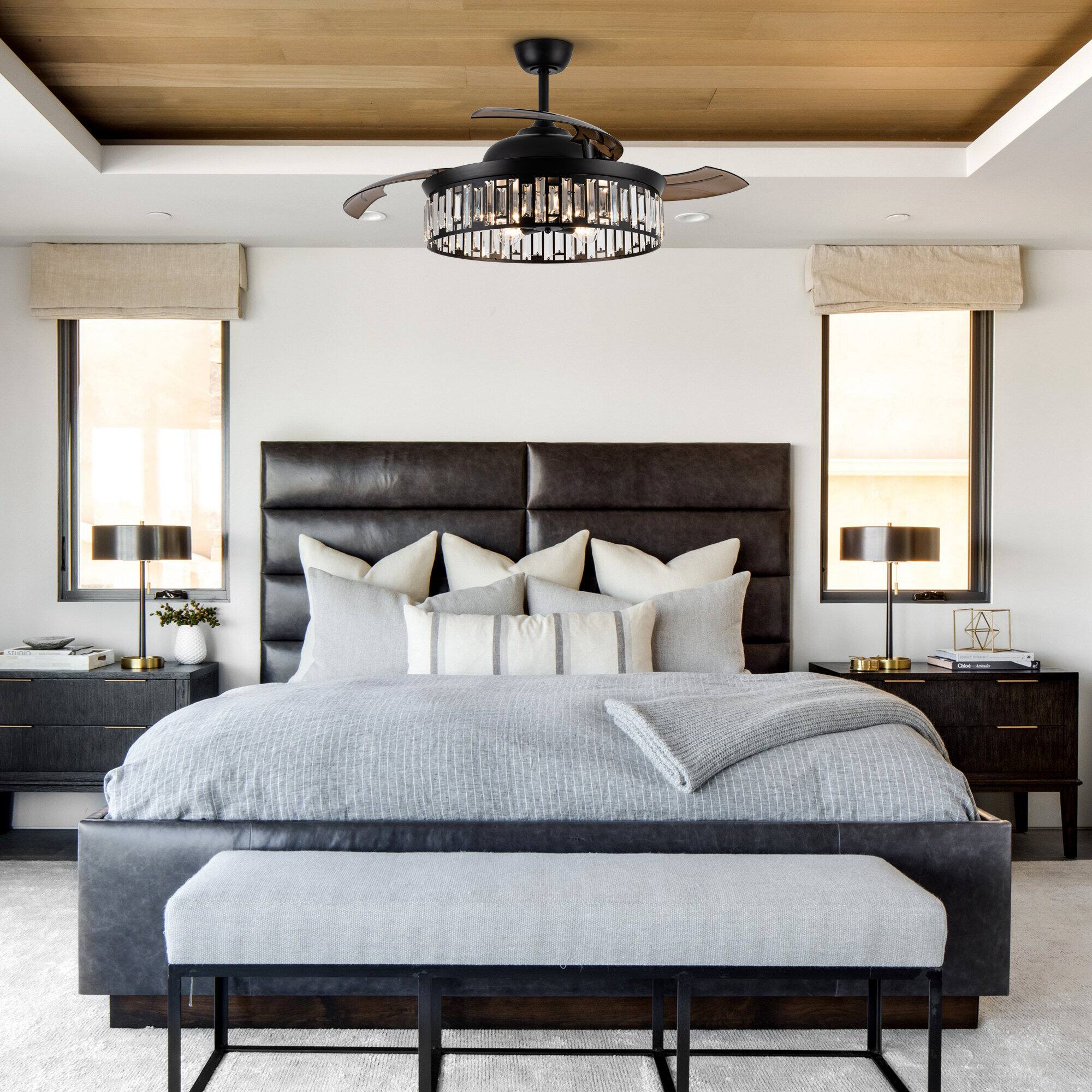 Back. Parrot Uncle - 52" Crystal Retractable Blades Black Smart Ceiling Fan with Light and Remote, App Control, Voice Control - Black.