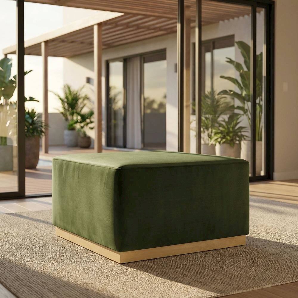 Angle. Outdoor Escape - Square Performance Velvet Ottoman, Neutral Color, Plush Upholstery, Patio Spaces - Green.