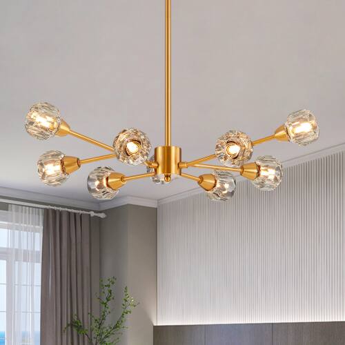 Front. LISM - 28" Modern Crystal 9 Lights Golden Chandelier for Living Room Bedroom (Bulbs Not Included) - Golden.