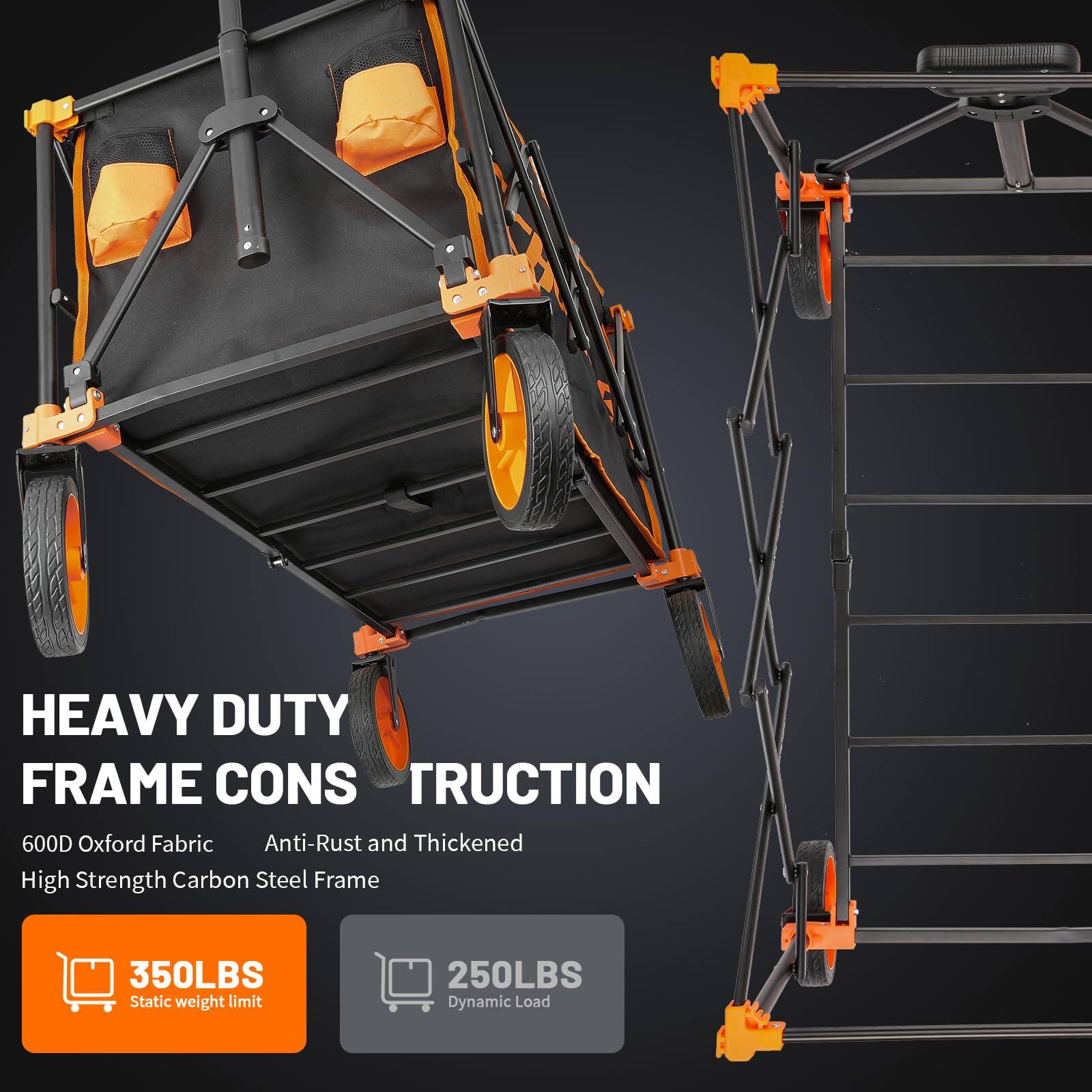 HEAVY DUTY FRAME CONSTRUCTION

600D Oxford Fabric
Anti-Rust and Thickened
High Strength Carbon Steel Frame

350LBS Static weight limit
250LBS Dynamic Load