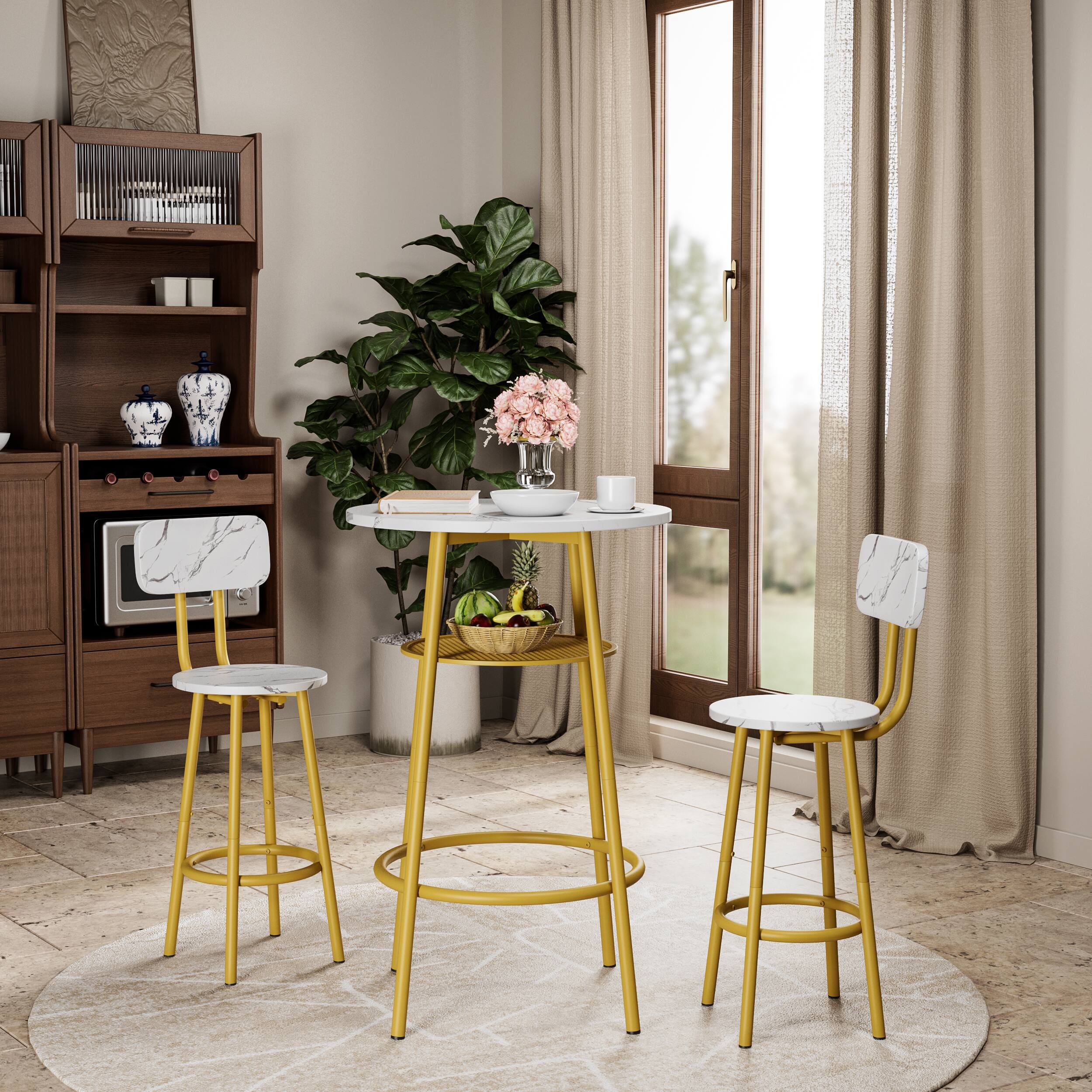 Front. TinyHomie - 3 Pcs Dining Table and Chairs Set with 2 Stools Dining Table Set Faux Marble Tabletop for Home or Hotel Dining Room - White and Gold.