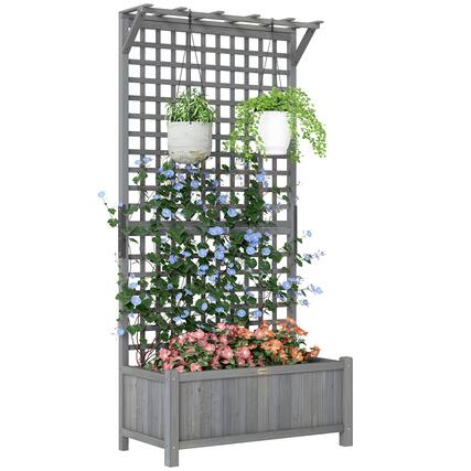 Front. Outsunny - Planter with Trellis for Vine Climbing, Raised Garden Bed, Privacy Screen for Backyard, Patio - Dark Gray.