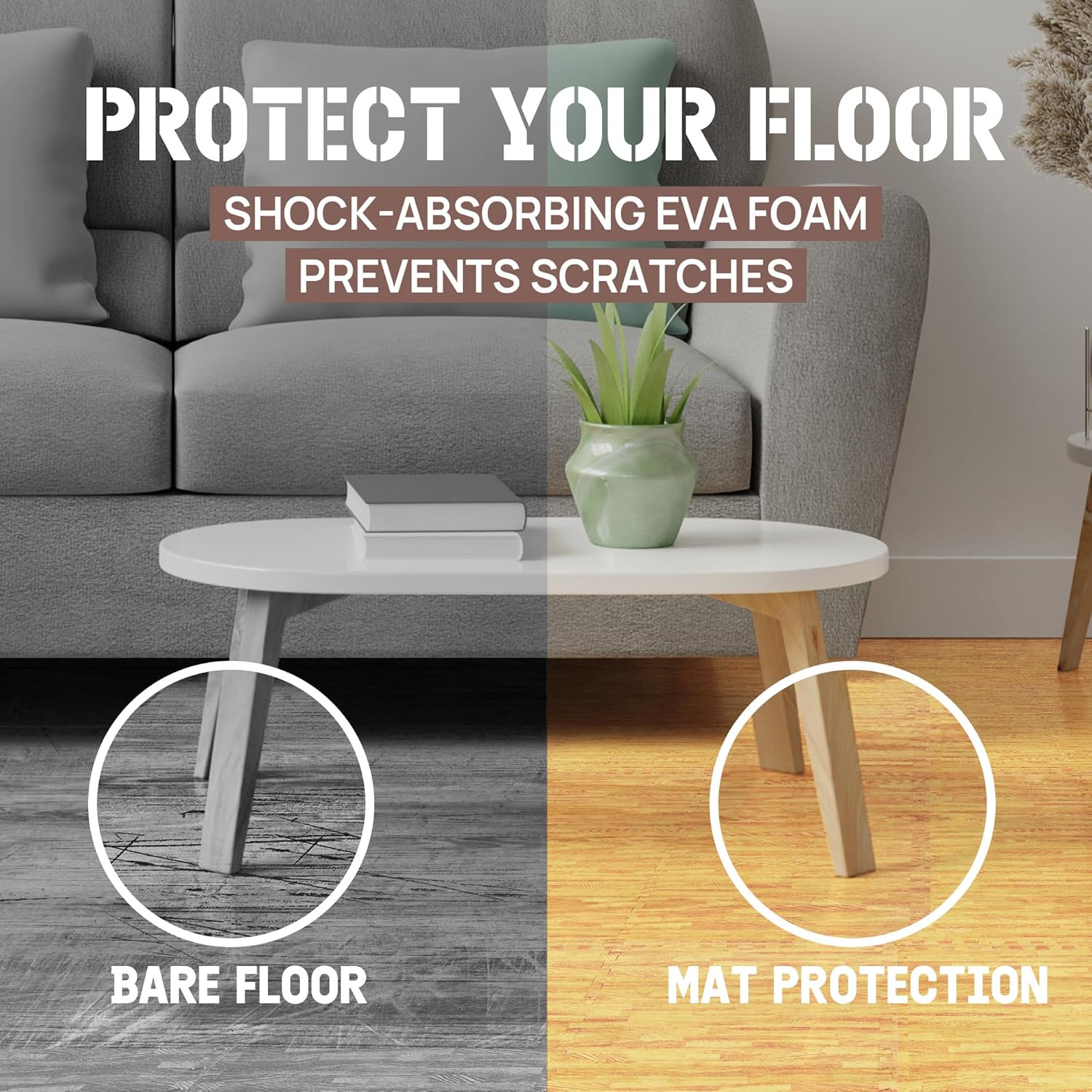 PROTECT YOUR FLOOR  
SHOCK-ABSORBING EVA FOAM PREVENTS SCRATCHES  
BARE FLOOR MAT PROTECTION