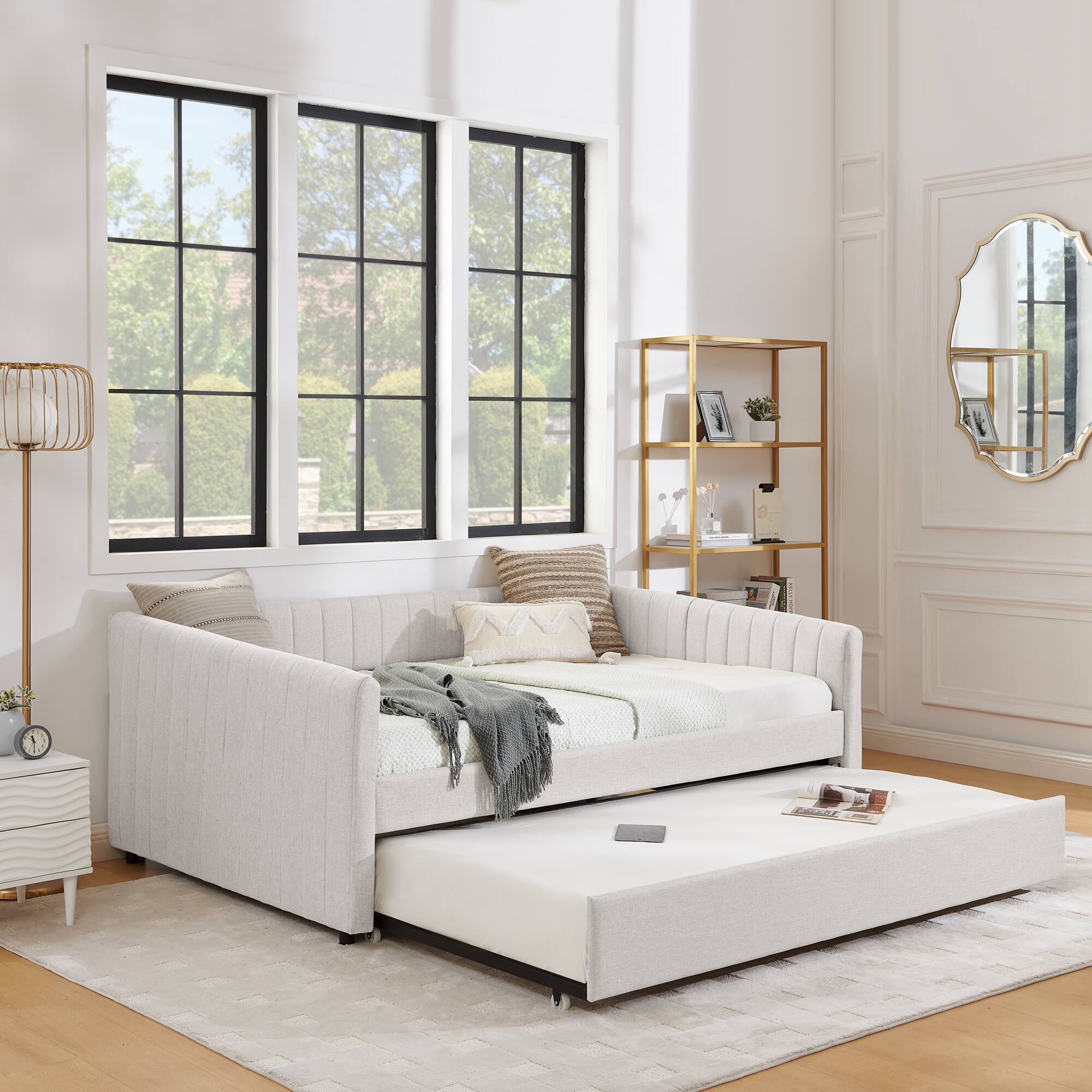 Back. Tiramisubest - Full Size Daybed with Trundle Upholstered Sofa Bed, with Vertical Stripes, Linen Fabric, Beige (82.5"x58"x30") - Beige.