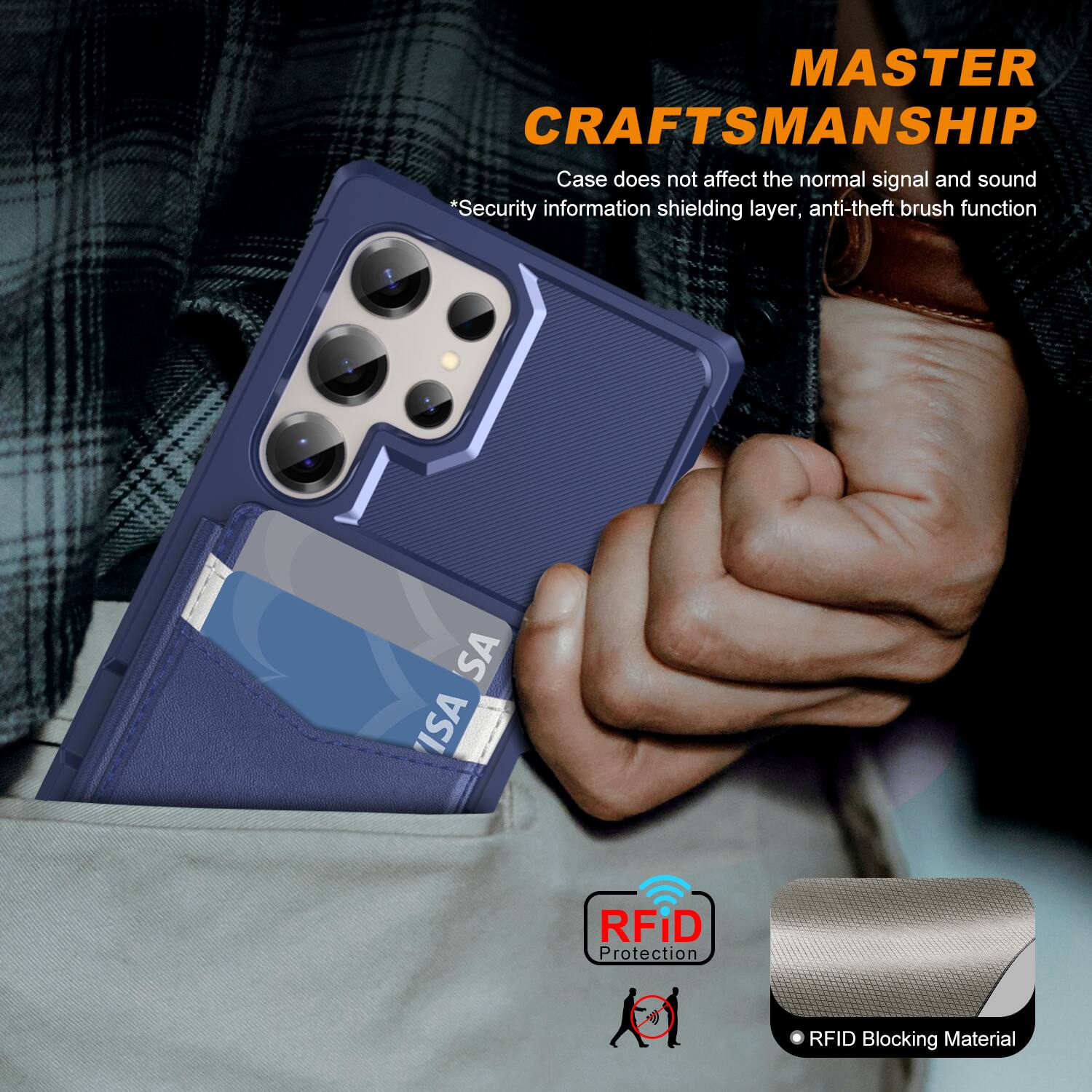 MASTER CRAFTSMANSHIP  
Case does not affect the normal signal and sound  
*Security information shielding layer, anti-theft brush function  
SA ISA RFID Protection  
RFID Blocking Material