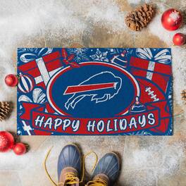 Evergreen Enterprises - Buffalo Bills 28" x 16" Happy Holidays Christmas Turf Door Mat - Multicolor