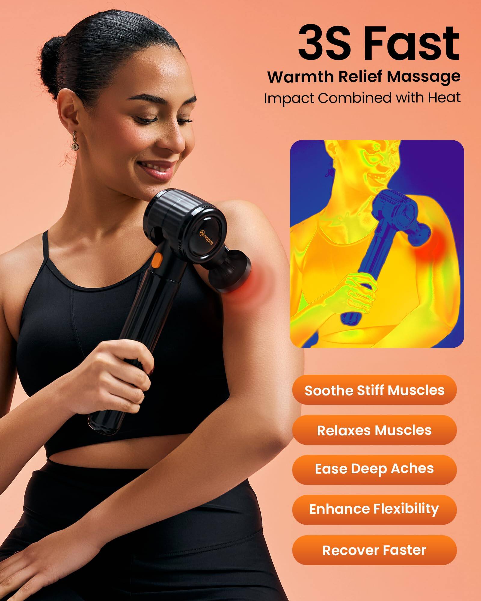 3S Fast  
Warmth Relief Massage  
Impact Combined with Heat  

- Soothe Stiff Muscles  
- Relaxes Muscles  
- Ease Deep Aches  
- Enhance Flexibility  
- Recover Faster