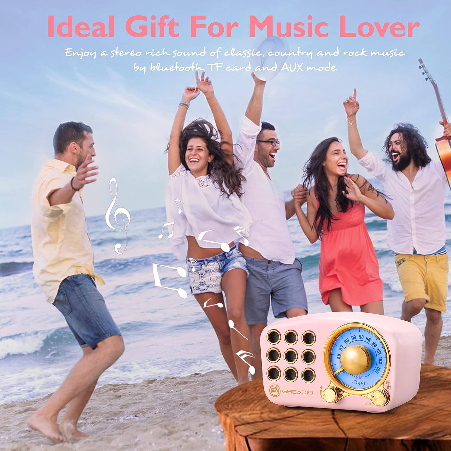 Ideal Gift For Music Lover

Enjoy a stereo rich sound of classic, country and rock music by bluetooth, TF card and AUX mode

GREADIO R919