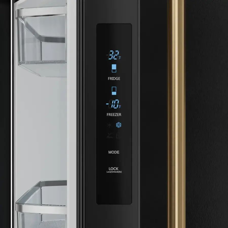 The text on the image reads: "32 F FRIDGE -00 FF FREEZER MODE LOCK Lock/Unlock (x)". This text is grouped and corrected as follows:

"32 F FRIDGE -00 FF FREEZER MODE LOCK Lock/Unlock (x)"

The text describes the temperature settings and functions of a refrigerator and freezer. The temperature is set to 32 degrees Fahrenheit (F) for the refrigerator and freezer, and the freezer mode is enabled. The lock/unlock function is also available, as indicated by the presence of the "x".