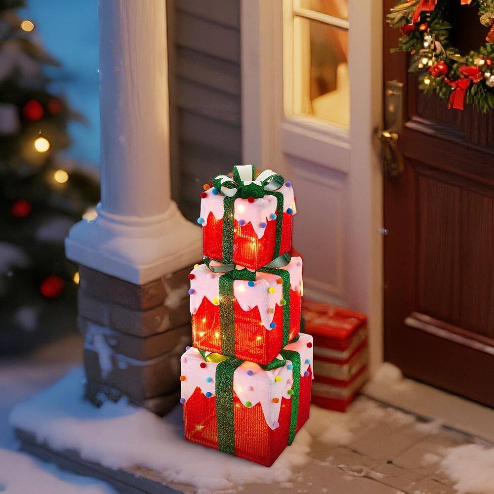 Angle. RTMB - Set of 3 LED Lighted Gift Boxes w/ Green Bows & Colorful Accents - multicolor.