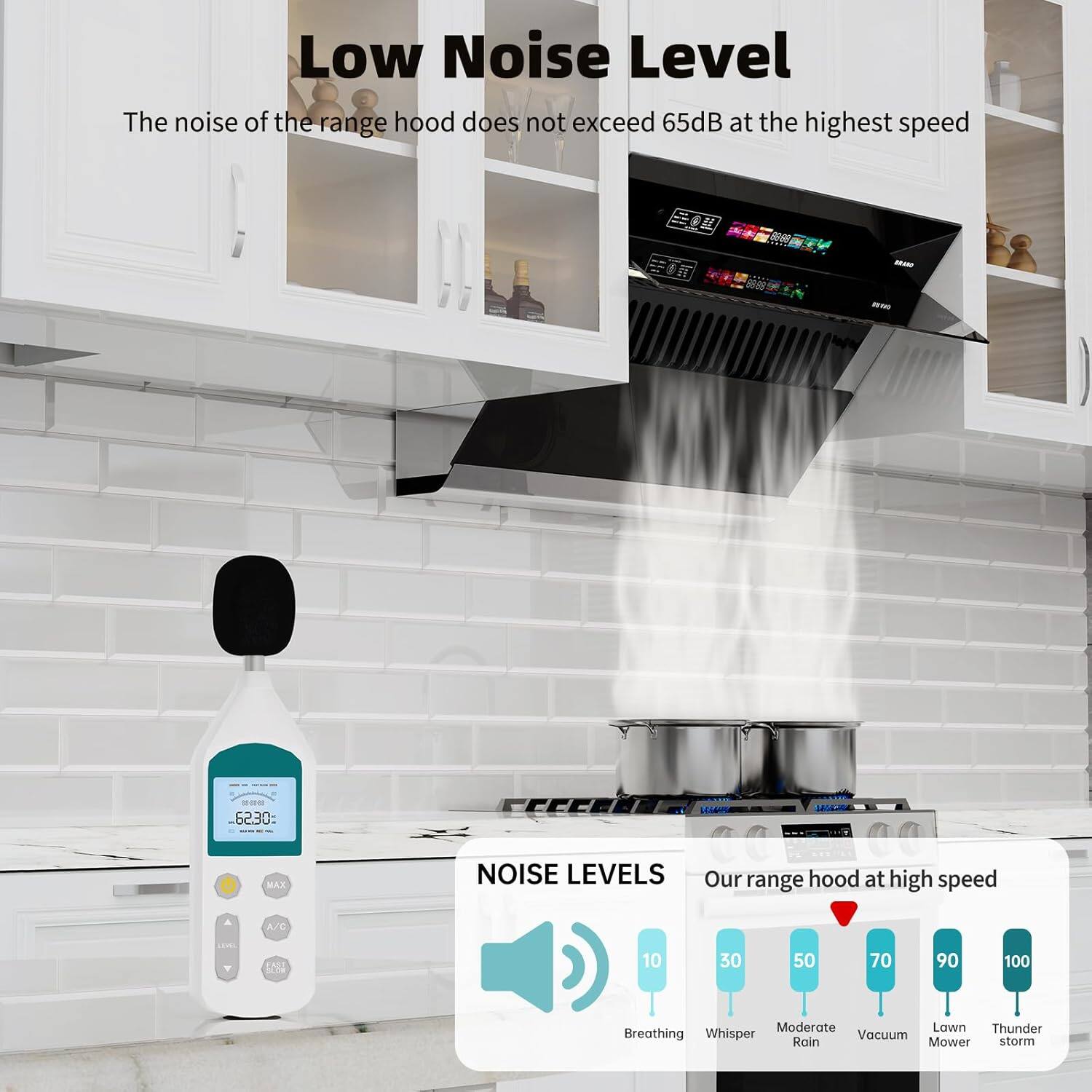 Low Noise Level  
The noise of the range hood does not exceed 65dB at the highest speed

NOISE LEVELS  
Our range hood at high speed  
5 10 30 50 70 90 100  
Breathing Whisper Moderate Rain Vacuum Lawn Mower Thunder storm