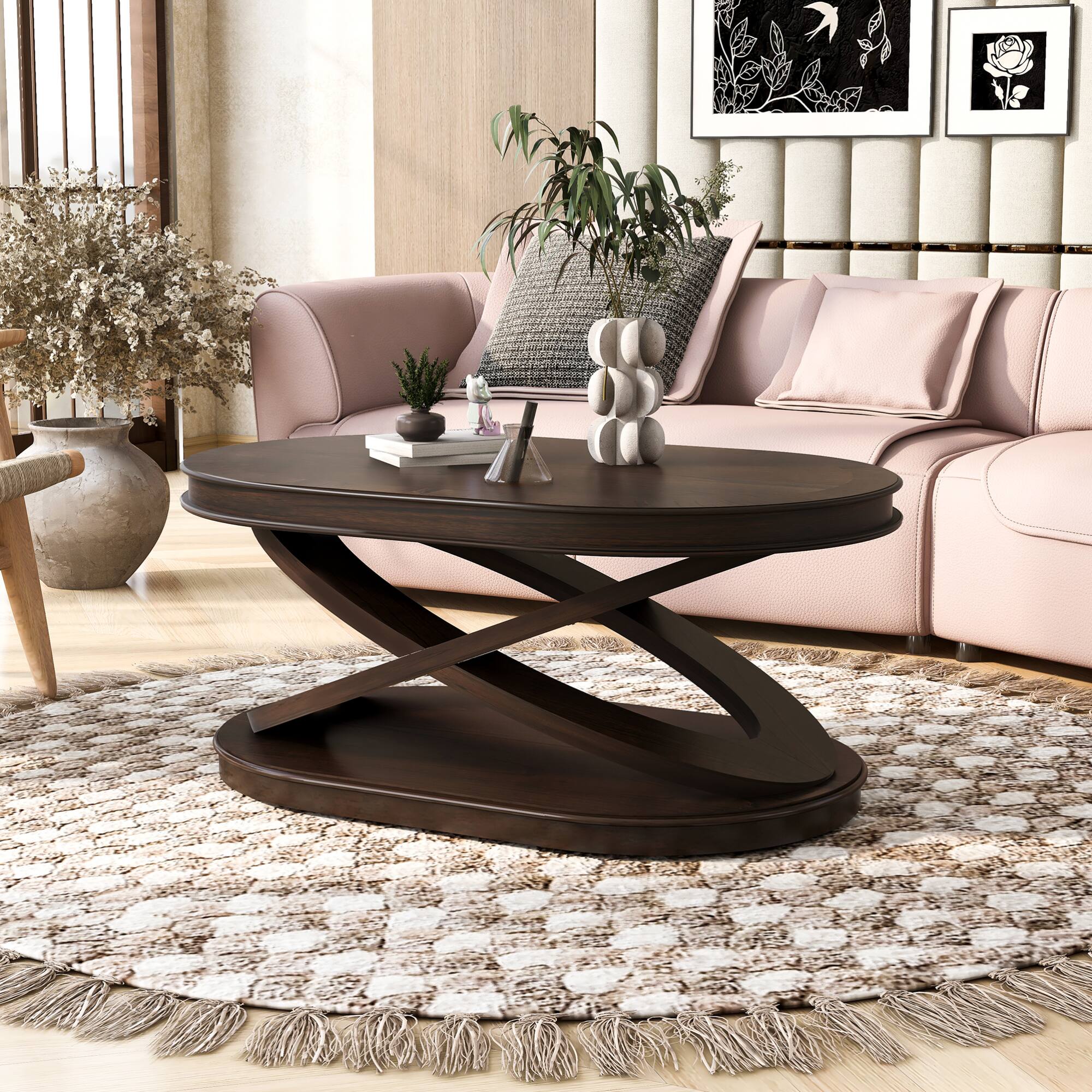 Back. GOODSILO - Elegant Oval Wood Coffee Table with X-Shaped Base and Open Storage for Living Room and Home Office - Espresso.