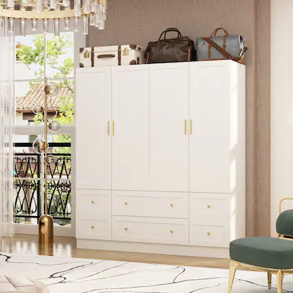 Front. FUFU&GAGA - Large 4 Door Wardrobe Closet Armoire with Hanging Rod Shelves and Drawers Bedroom Storage Cabinet Organizer - White.