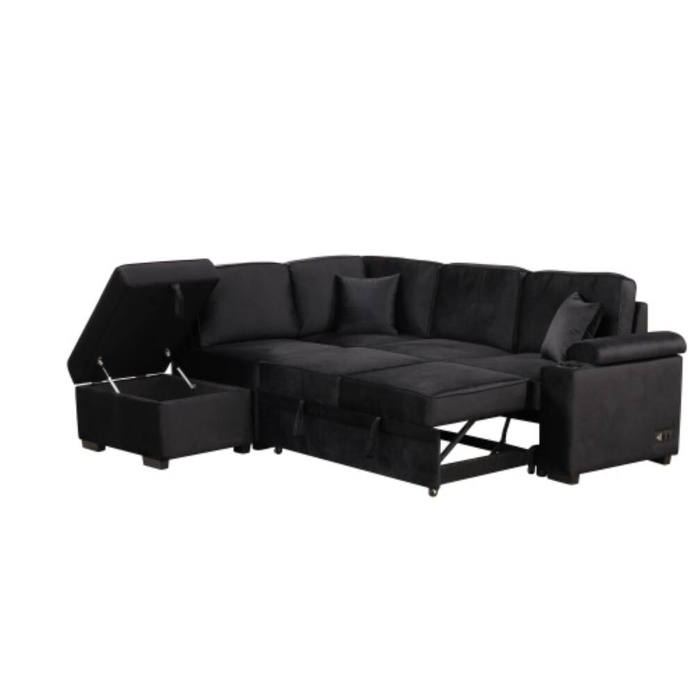 Alt View 6. LUCKY ONE - 84.75" 2-in-1 Pull-Out L-Shape Sleeper Sofa Bed w/ Storage Ottoman for Apartment - Black.