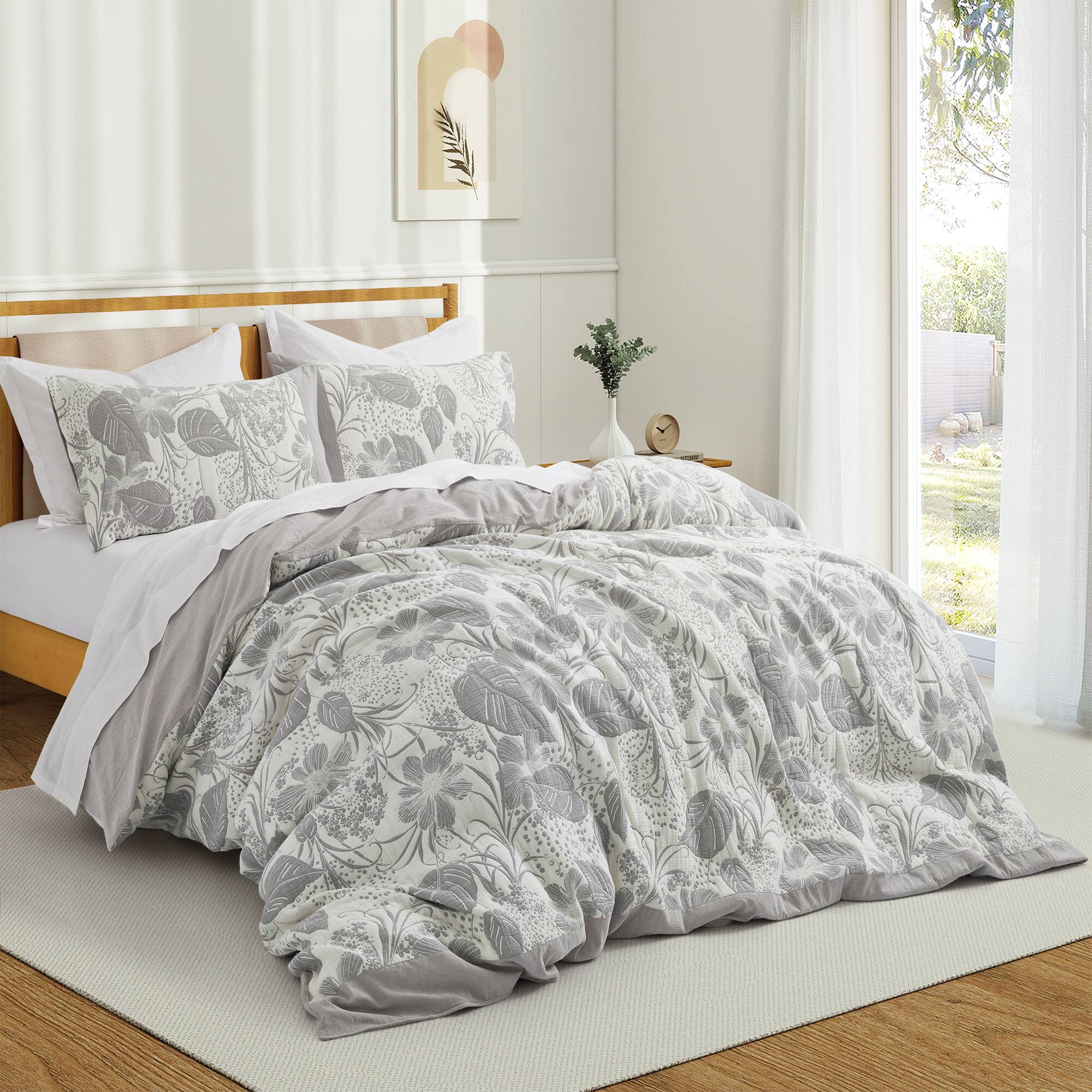 Angle. Peace Nest - Peace Nest 100% Cotton Double-Layer Gauze Floral Jacquard Duvet Cover Set - Grey.