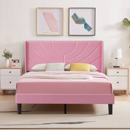 Vecelo - Upholstered Platform Full Bed Frame with Fabric Headboard,Wooden Slats Support/No Box Spring Needed/Mattress Foundation - Pink