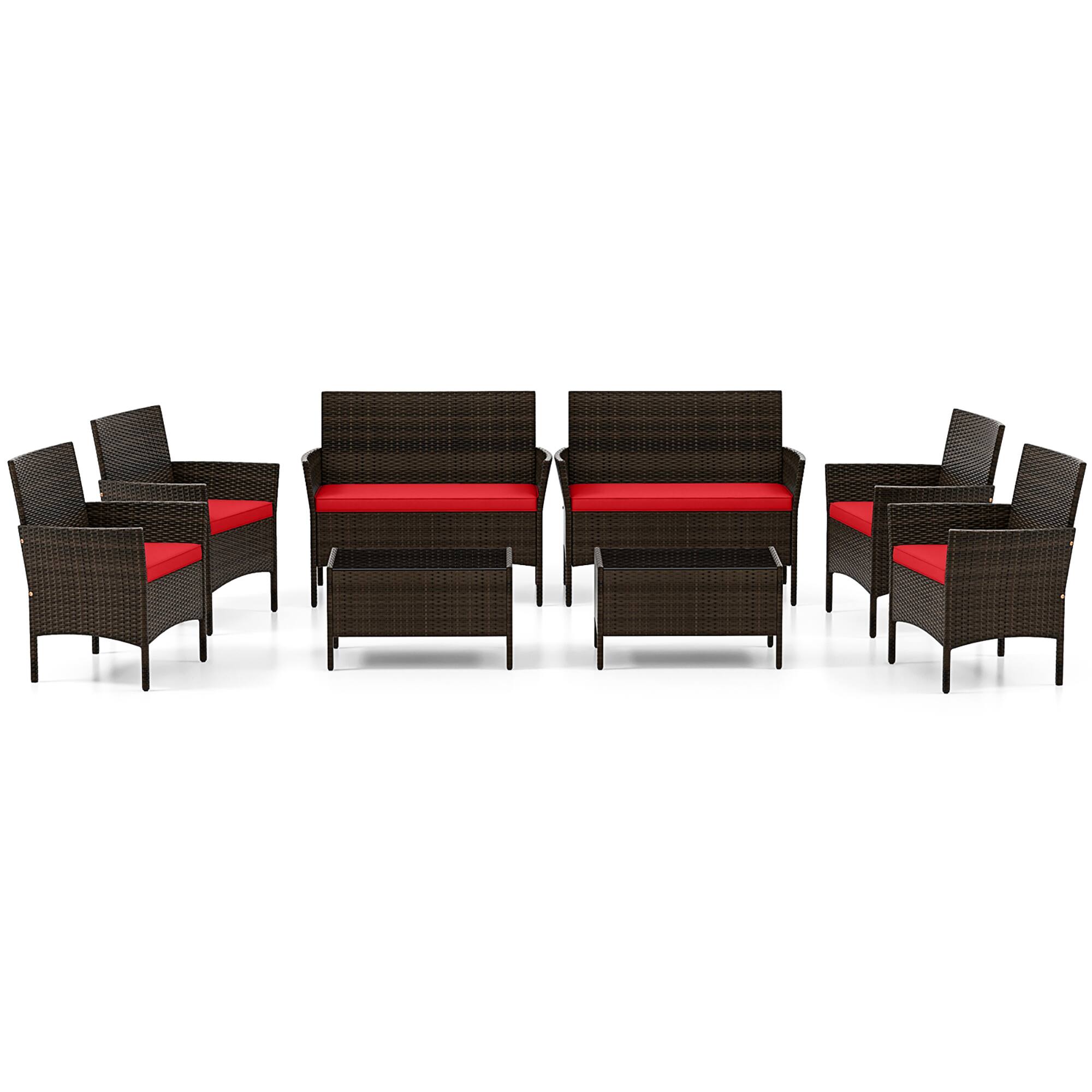 Alt View 9. Gymax - Gymax 8 PCS Patio Furniture Set w/Washable Cushions & Tempered Glass Coffee Table - Mix Brown, Red.