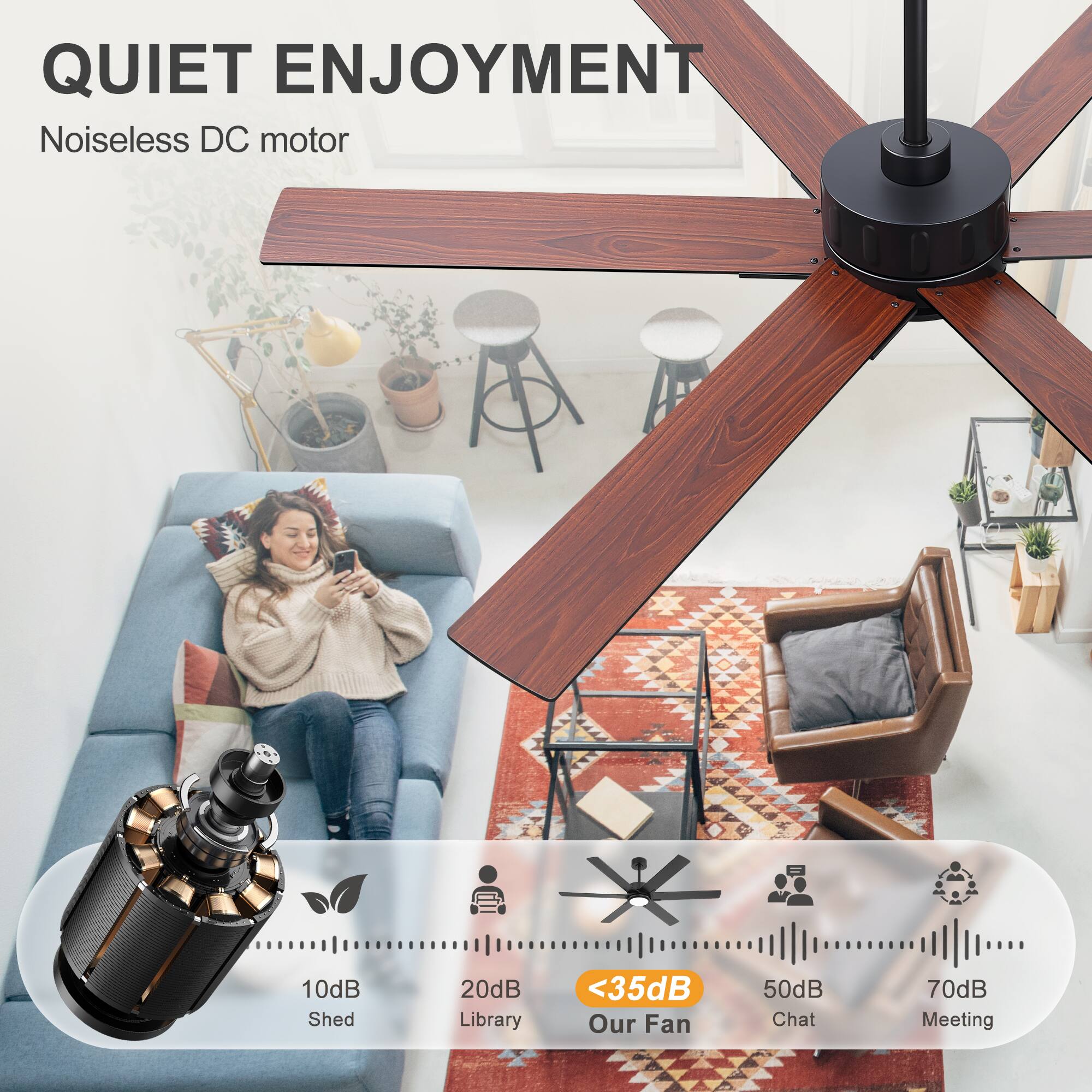 QUIET ENJOYMENT  
Noiseless DC motor  
10dB Shed  
20dB Library  
<35dB Our Fan  
50dB Chat  
70dB Meeting
