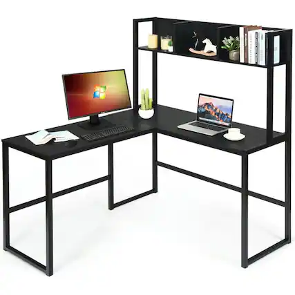Front. Pefilos - Reversible L-Shaped Corner Desk with Storage Bookshelf-Black, Office Desk, Gaming Computer Desks for Study, Working - Black.