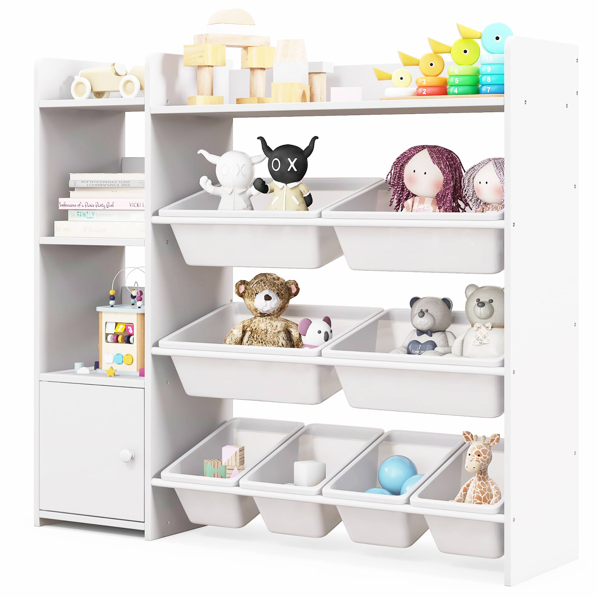 Gymax - 4-Tier Kids Toy Storage Organizer Bookshelf w/ 8 Toy Organizer Bins Door - White