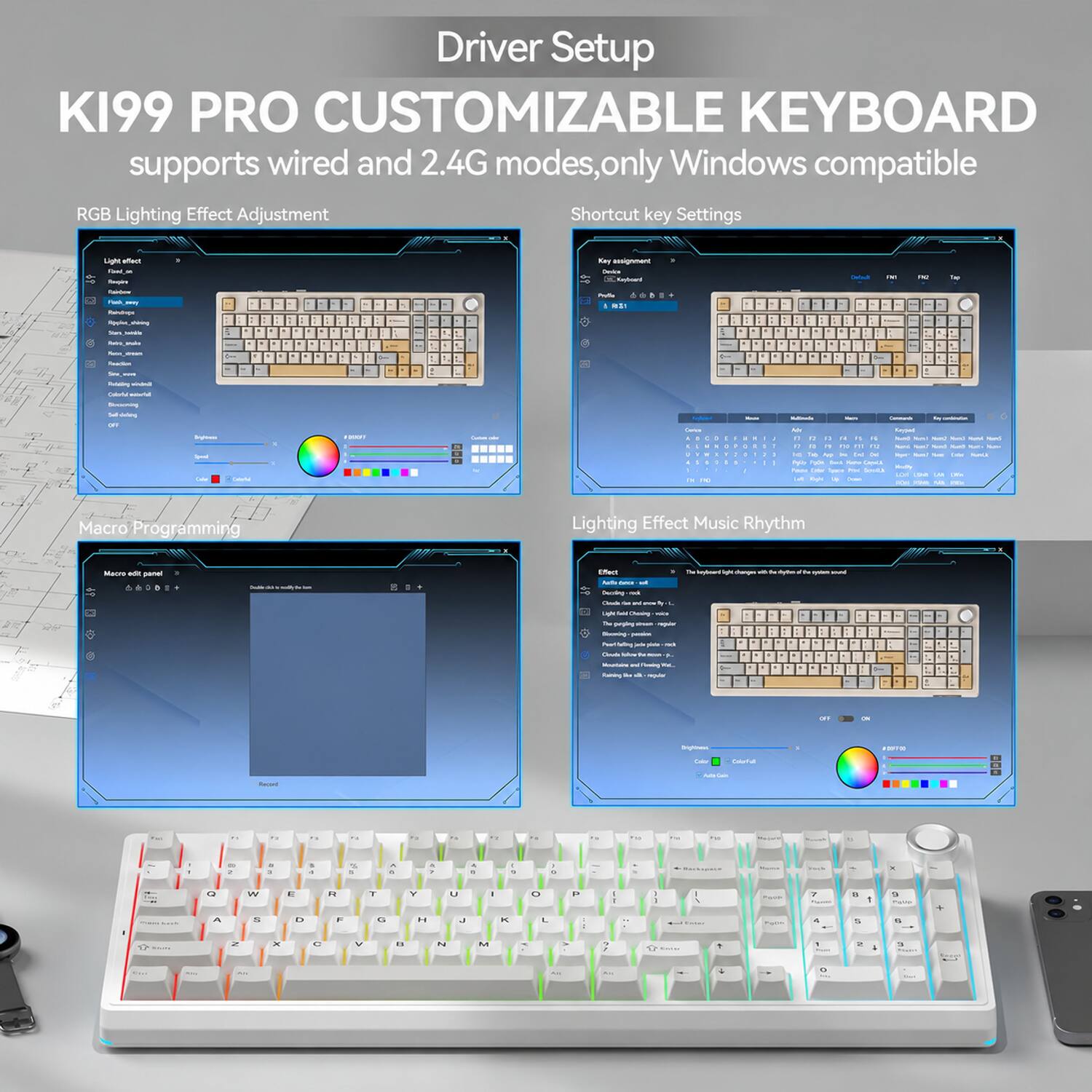 Driver Setup K199 PRO CUSTOMIZABLE KEYBOARD supports wired and 2.4G modes, only Windows compatible RGB Lighting Effect Adjustment Shortcut key Settings

Light effect food M Timpore
Key assignment Device Keploan
m
PM
Tainbow Fuo - Fundres dring Stare Instale
!
write
Your TourSon
Do
?
Sine - KotatOmy Calorid 
deffing DI
Sybress 
Calorial
Serve - DE
I
:
Wellowle Facebook Kerpet  11 % -     Net FU F15  10 App H X MA type bel Withe Conta Hully Me Sendla NOA  IM Let Right Cheese  1041
Macro Programming
Lighting Effect Music Rhythm
Macro edit panel

form
:
Effect The beybood - changes ally 5+ dyDen Arts - Desching be Check  ~  Light Date Chening The  regue Blooning Pearl  1 Cinute  - Yourfaire N WW.. Taining & wass
aprises

Supowers
# 2011-20
CalerFull
Farsed
..

RUS
1

