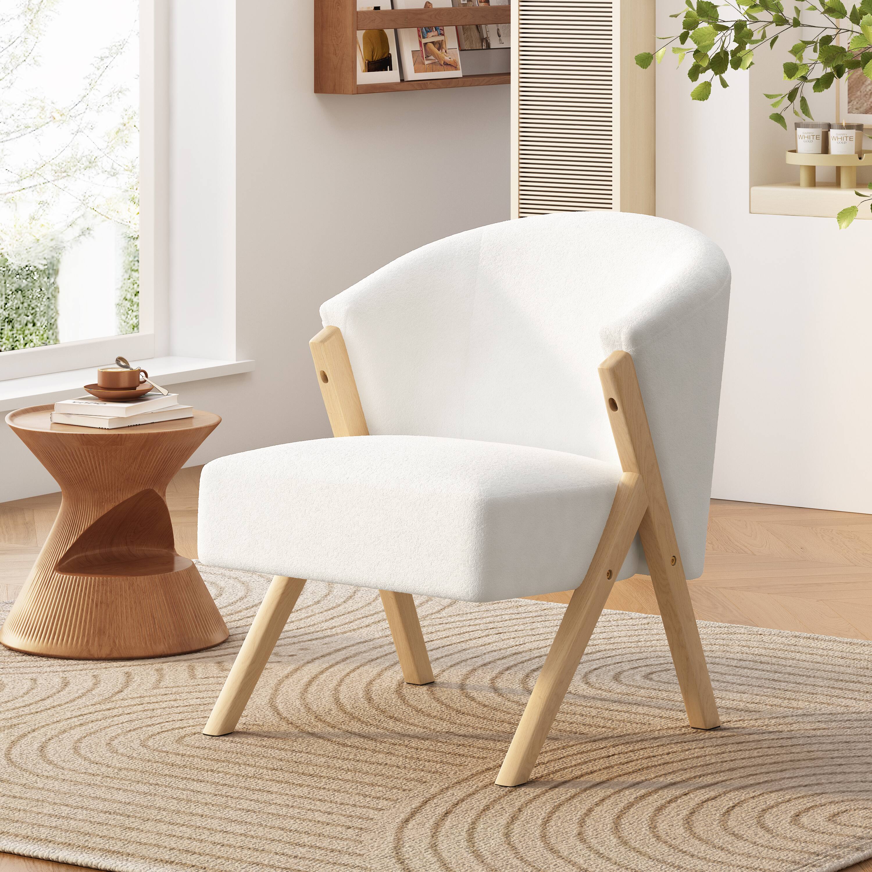 Front. APRILSOUL - Modern Accent Chair White Upholstery Solid Wood Frame Living Room Office - White.