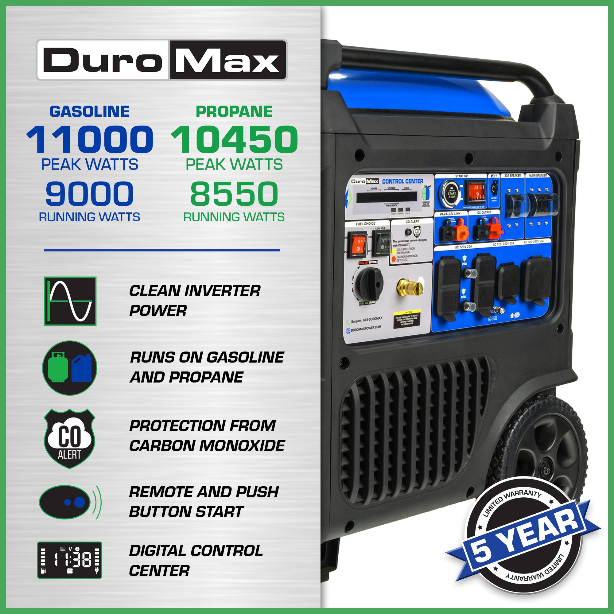 Duro Max GASOLINE 11000 PEAK WATTS 9000 RUNNING WATTS  
PROANE 10450 PEAK WATTS 8550 RUNNING WATTS  

Bure Mas CONTROL CENTER - 2 I + - F - - . DP - : . a - -- ... + - : - - - - -- - : - - ... - A - i -. - -  

CLEAN INVERTER POWER  
RUNS ON GASOLINE AND PROPANE  
PROTECTION FROM CARBON MONOXIDE  
REMOTE AND PUSH BUTTON START  
DIGITAL CONTROL CENTER  

WARRANTY LIMITED 5 YEAR