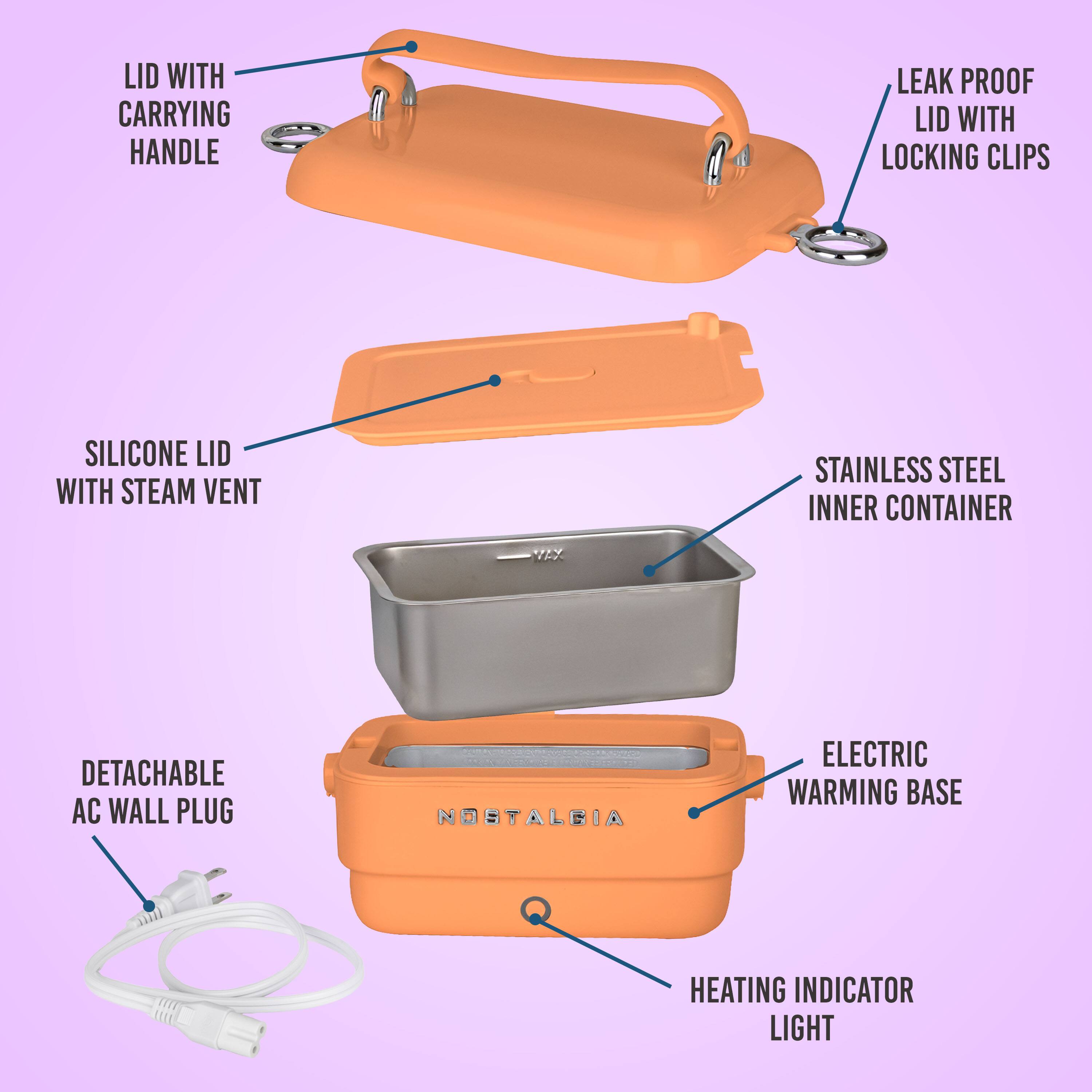 LID WITH CARRYING HANDLE  
LEAK PROOF LID WITH LOCKING CLIPS  
SILICONE LID WITH STEAM VENT  
STAINLESS STEEL INNER CONTAINER  
DETACHABLE AC WALL PLUG  
NOSTALBIA  
ELECTRIC WARMING BASE  
HEATING INDICATOR LIGHT