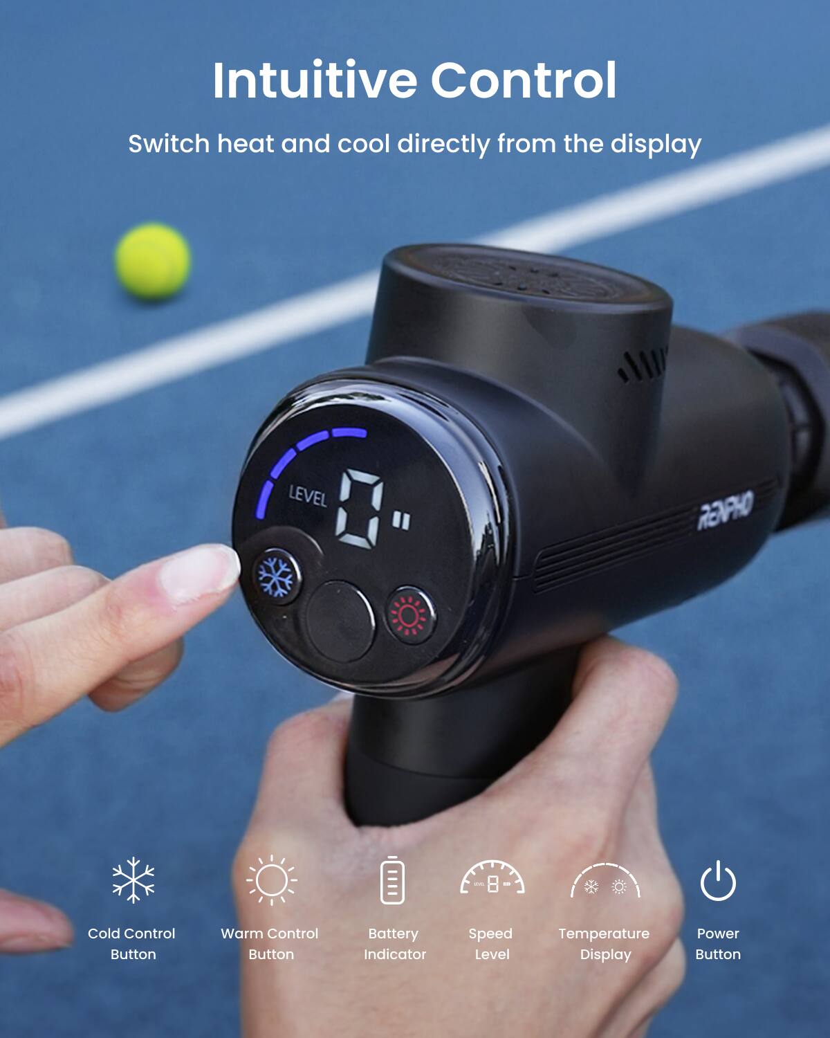Intuitive Control  
Switch heat and cool directly from the display  

LEVEL RPHO - 8  
Cold Control Button  
Warm Control Button  
Battery Indicator  
Speed Level  
Temperature Display  
Power Button