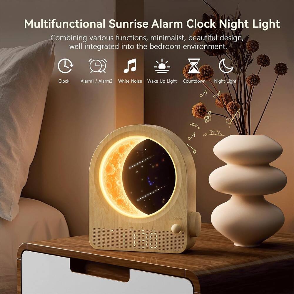 Multifunctional Sunrise Alarm Clock Night Light

Combining various functions, minimalist, beautiful design, well integrated into the bedroom environment.

- Clock
- Alarm1 / Alarm2
- White Noise
- Wake Up Light
- Countdown
- Night Light