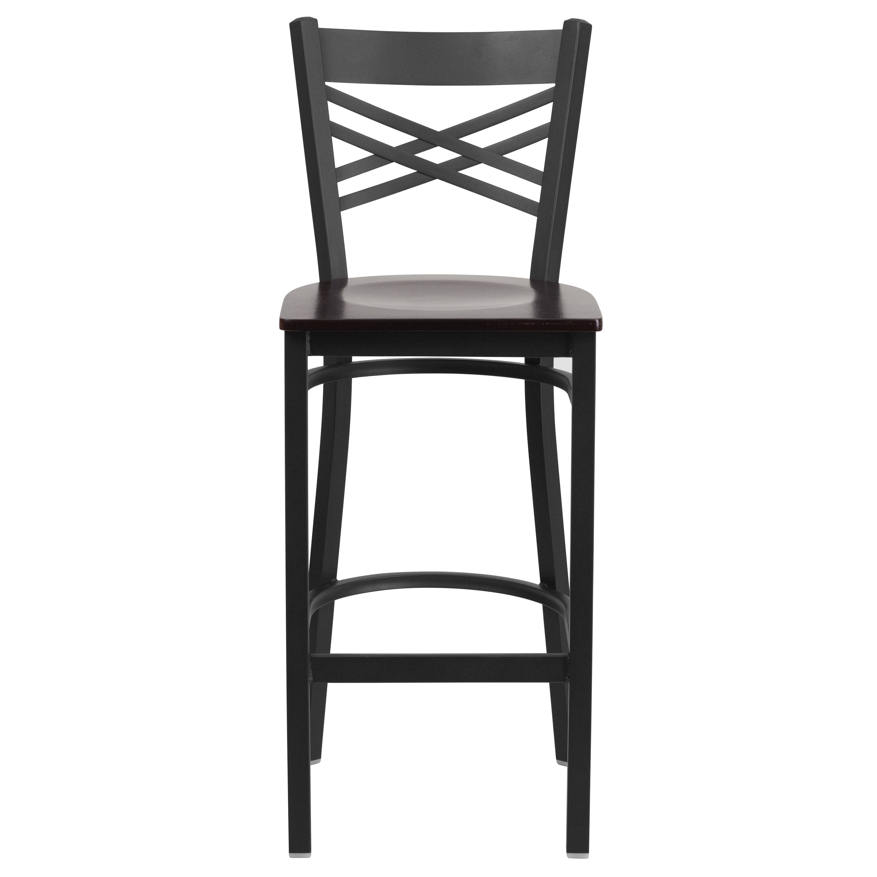 Alt View 5. Emma + Oliver - "X" Back Metal Restaurant Dining Barstool - Walnut Wood Seat/Black Metal Frame.