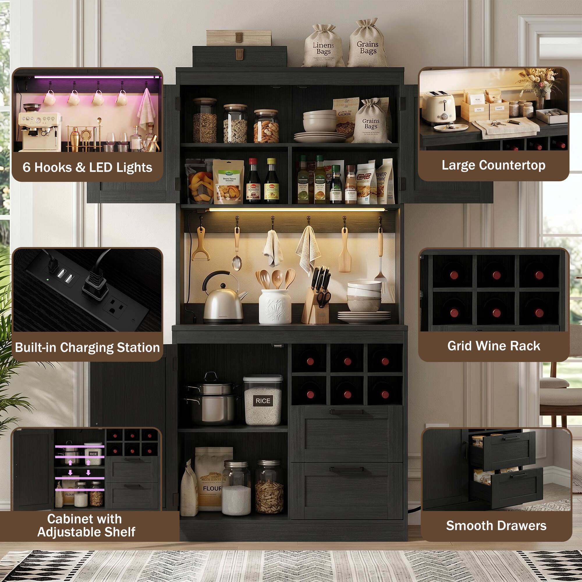 Linen Baga Grains Bags - 000 coraios Bags 6 Hooks & LED Lights P WD Large Countertop 1 a Built-in Charging Station Grid Wine Rack RICE - FLOUR Cabinet with Adjustable Shelf Smooth Drawers