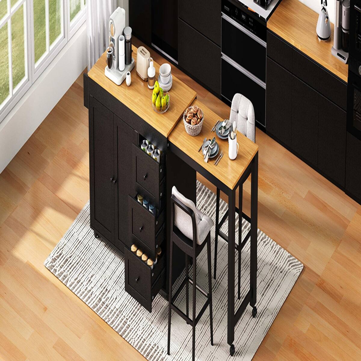 Alt View 8. Loheer - Loheer Black Kitchen Island with Extendable Dining Table, Rolling Kitchen Cart with Power Outlet, 74.8" MDF - Black.