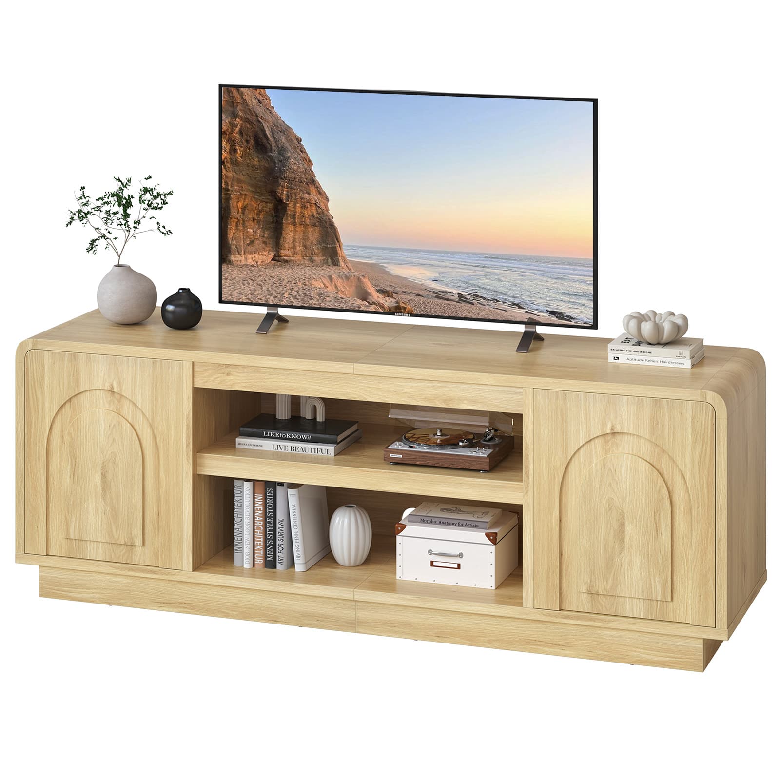 Bestier - Modern Mid-Century 63" TV Stand for TVs up to 70", Entertainment Center with 2 Arched Doors - Natual Oak