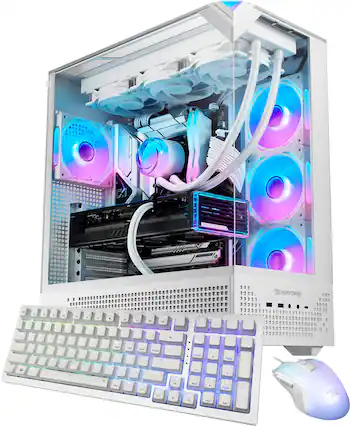 The image shows a computer with a keyboard and mouse next to it. The keyboard has a colorful design, and the mouse is white. The computer is open, revealing its internal components, including a CPU and a fan. The computer is likely a gaming computer, as it is described as a "gaming computer."