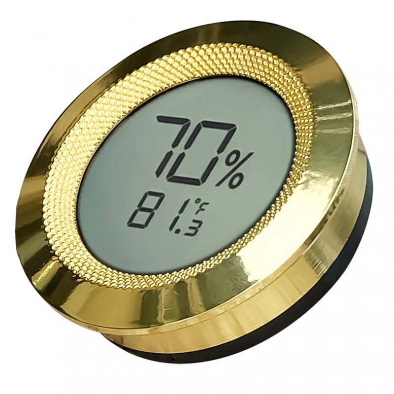 Angle. Prestige - Small Digital Hygrometer with Calibration (Gold) - Polished Gold Bezel.