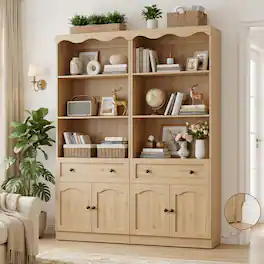 Aheaplus - 27.5'' W Bookcase with Drawer and Doors, 80'' Tall Bookcase with 3-Tier Open Shelves, 2 Piece Set - Nature