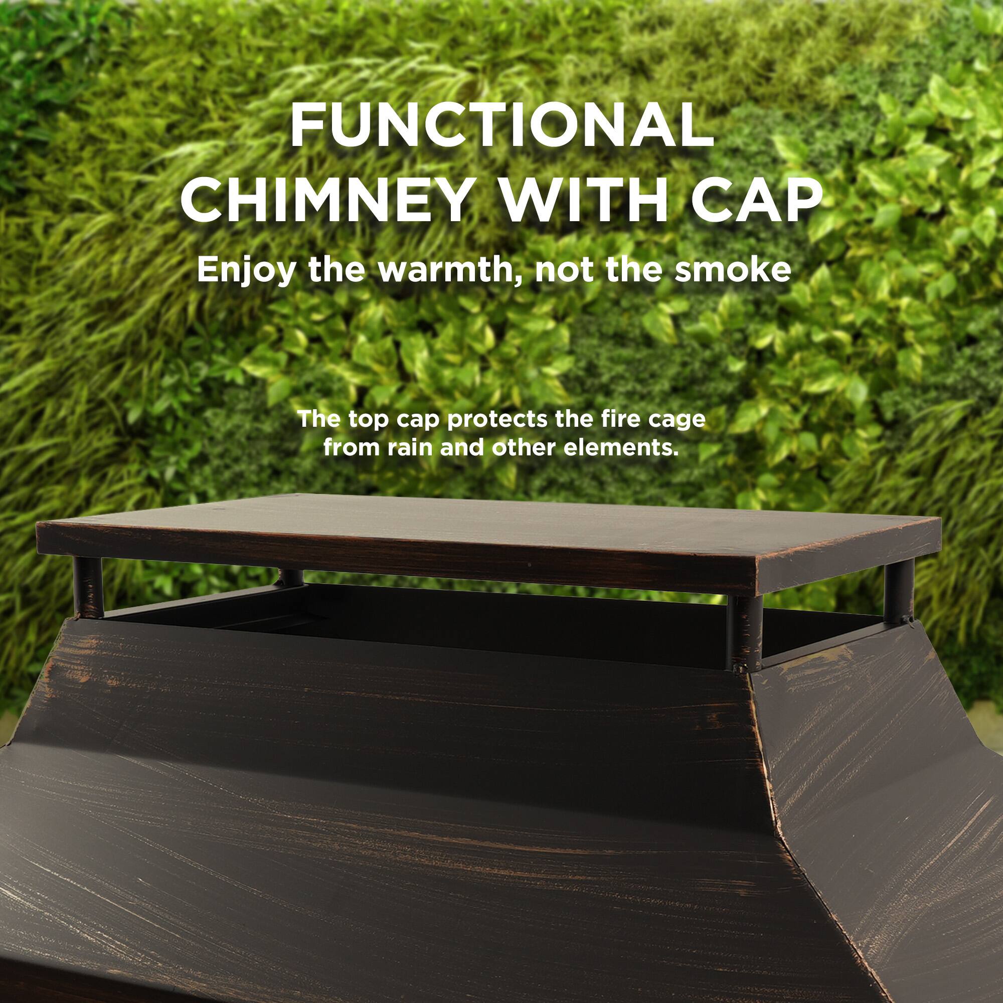 Functional Chimney with Cap: Enjoy the warmth, not the smoke. The top cap protects the fire cage from rain and other elements.