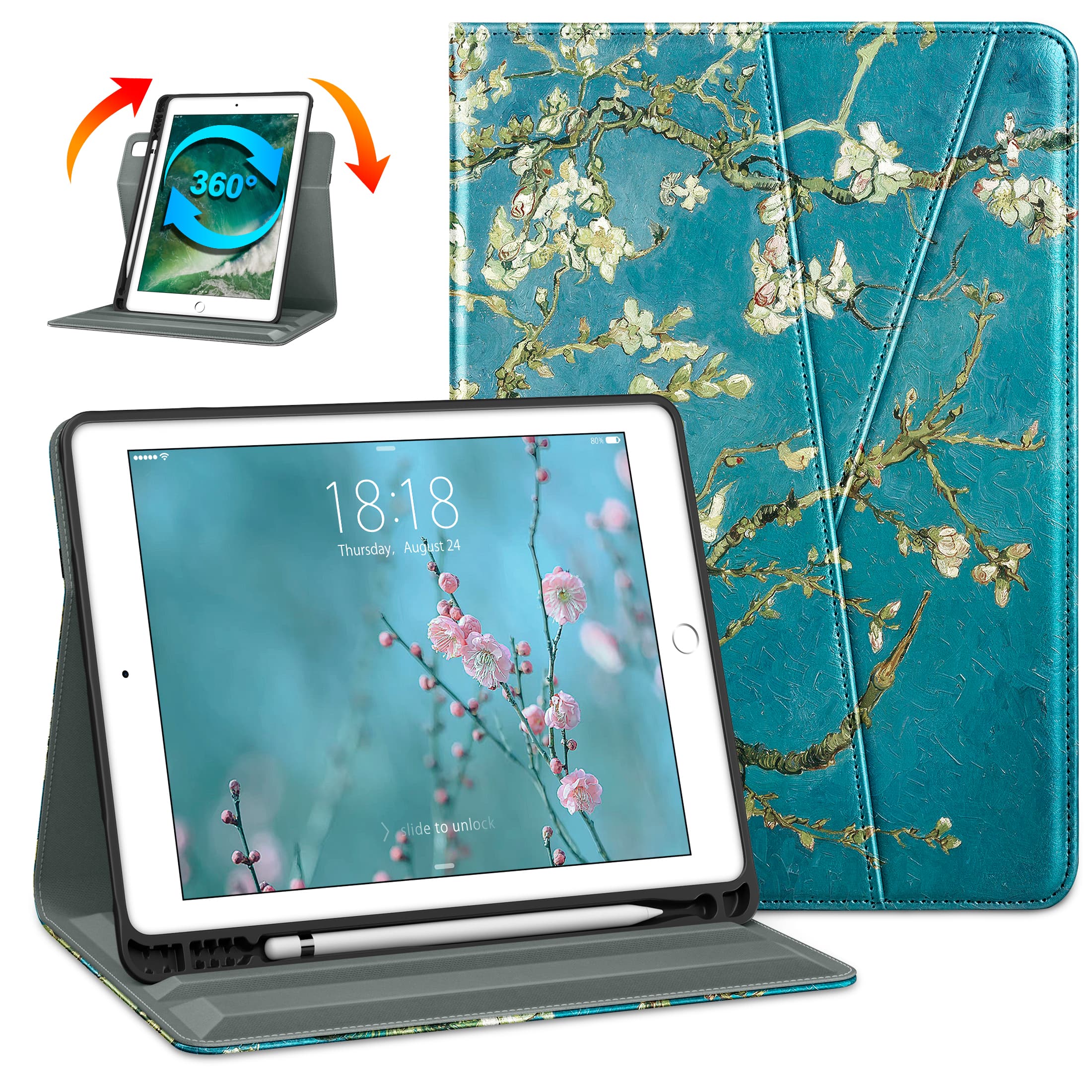 DTTO - Case for iPad 6/5 & Air 2/1 9.7" - 360° Rotating Leather Folio Stand with Pencil Holder & Auto Wake/Sleep - Blossom